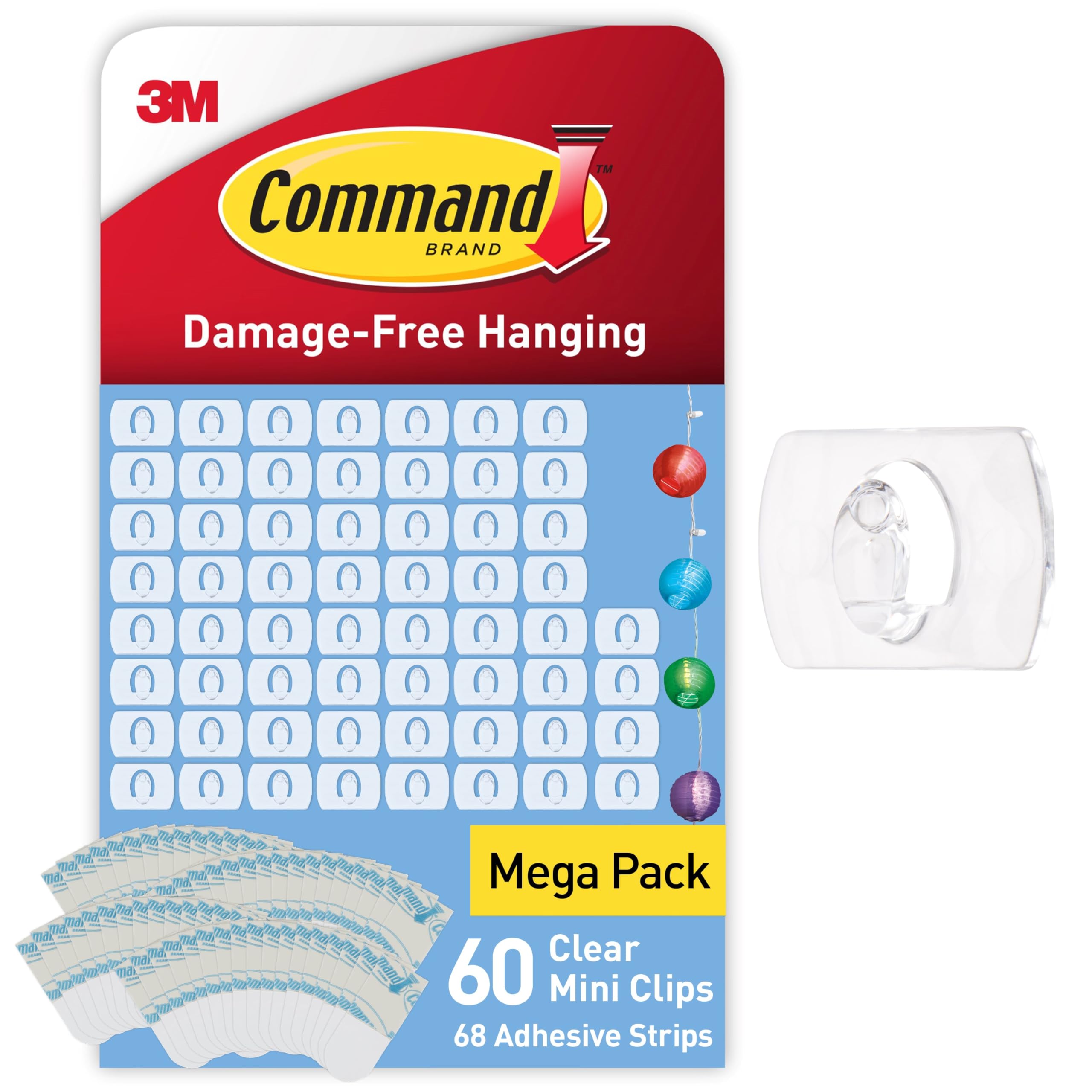 Command Clear Decorating Clips - Damage-Free Hanging for Decor & Cables | Value Pack of 60 Clips + 68 Strips