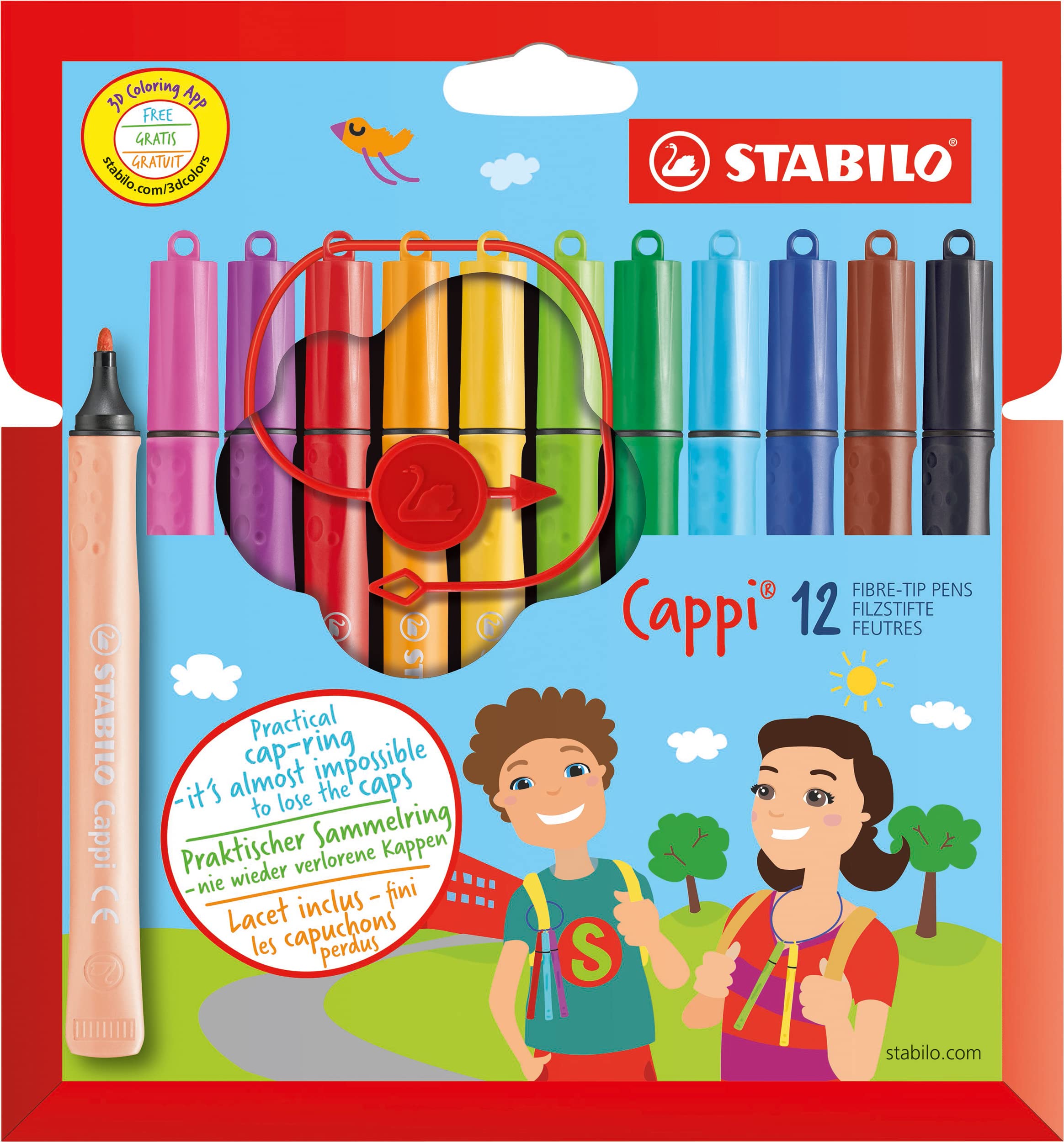 STABILO Cappi Felt Tip Pens - 12 Assorted Colours Wallet with Cap-Ring | 1mm Line Width 1