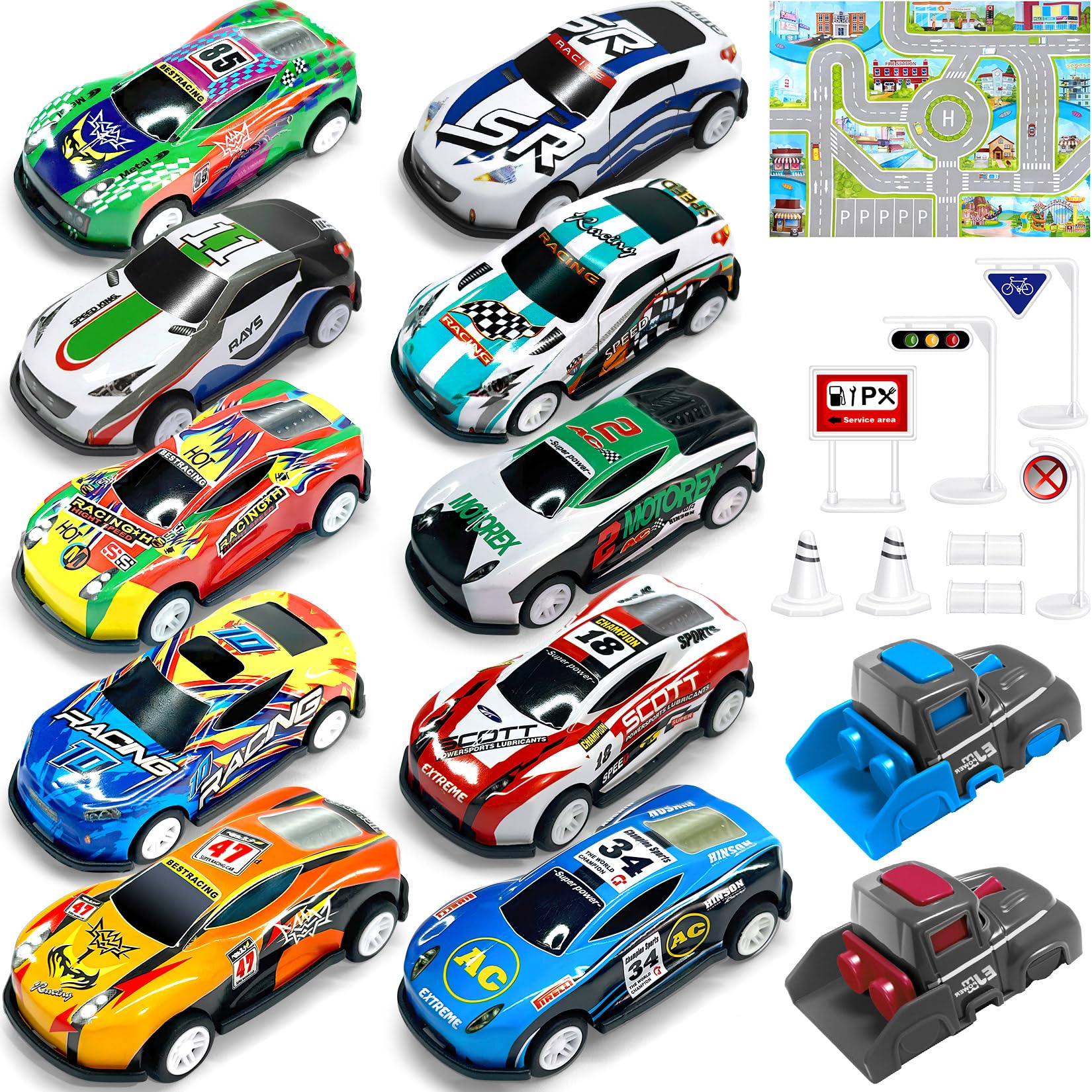 TOYABI Toy Cars - 10Pcs Pull Back Racing Set with Launcher, Mat & Obstacles for Kids 1