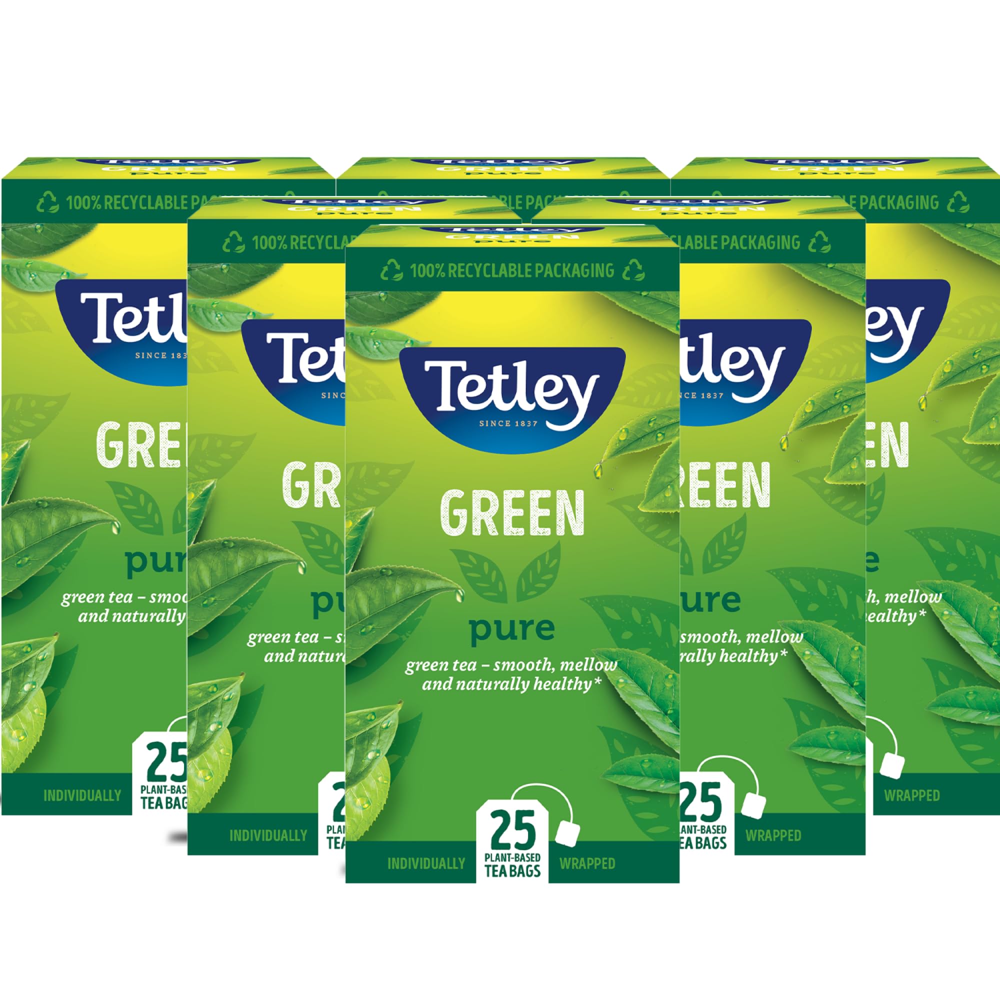 Tetley Pure Green Tea Bags – Natürlich mild und erfrischend – Rainforest Alliance-zertifiziert – 150 Teebeutel (6 x 25)