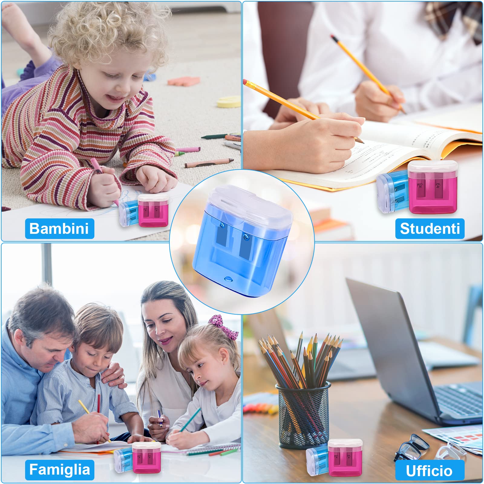 elzle Pack of 4 Portable 2-Hole Pencil Sharpeners with Debris Container | Plastic & Stainless Steel 7
