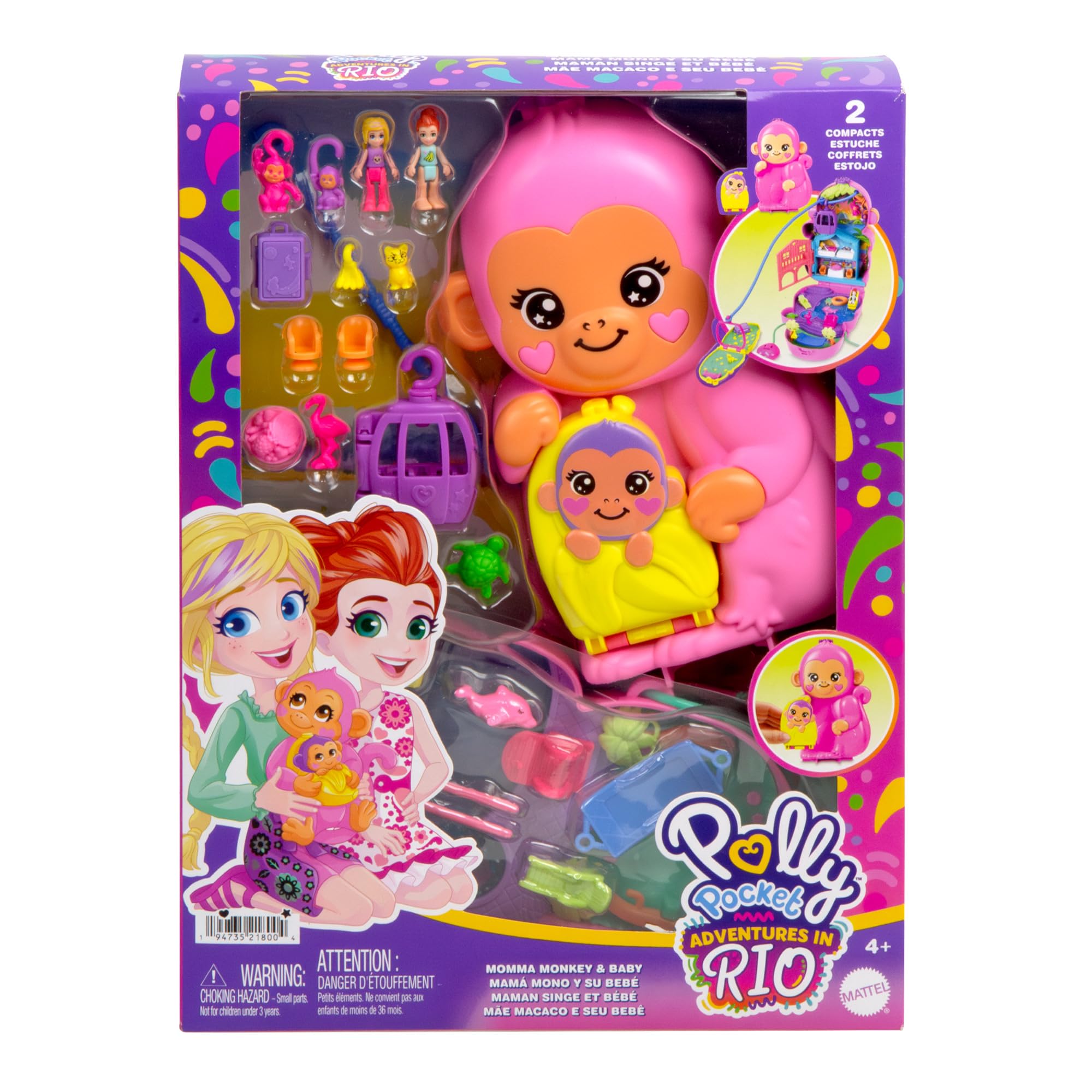 Polly Pocket Monkey Playset with 2 Micro Dolls, 2 Compacts, 3 Pets & 13 Accessories | Ages 4+ 7