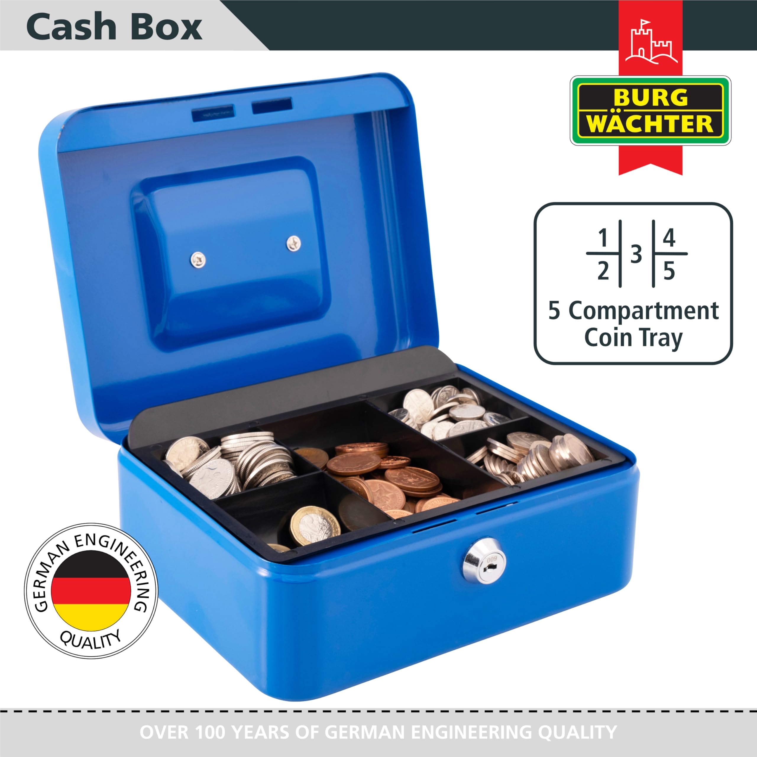 Burg-Wächter Money 5025 Cash Box - 10 inch Size | Key Lock | Blue Metal 2