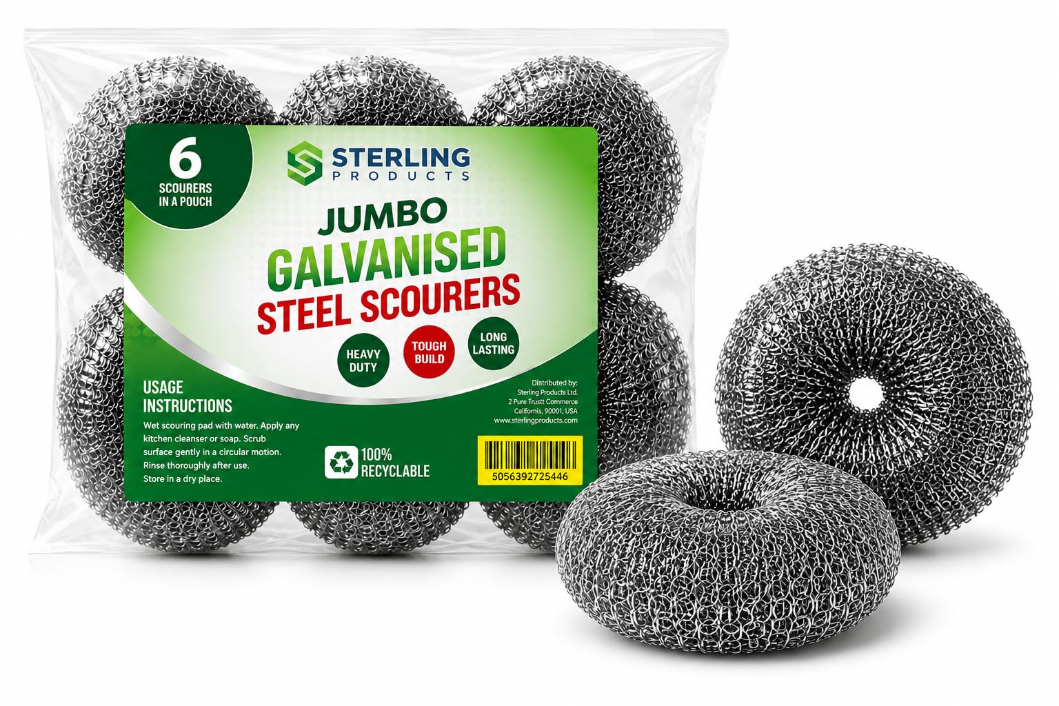 STERLING PRODUCTS Galvanised Steel Scourers - Heavy Duty Cleaning | 6 Pack | Steel