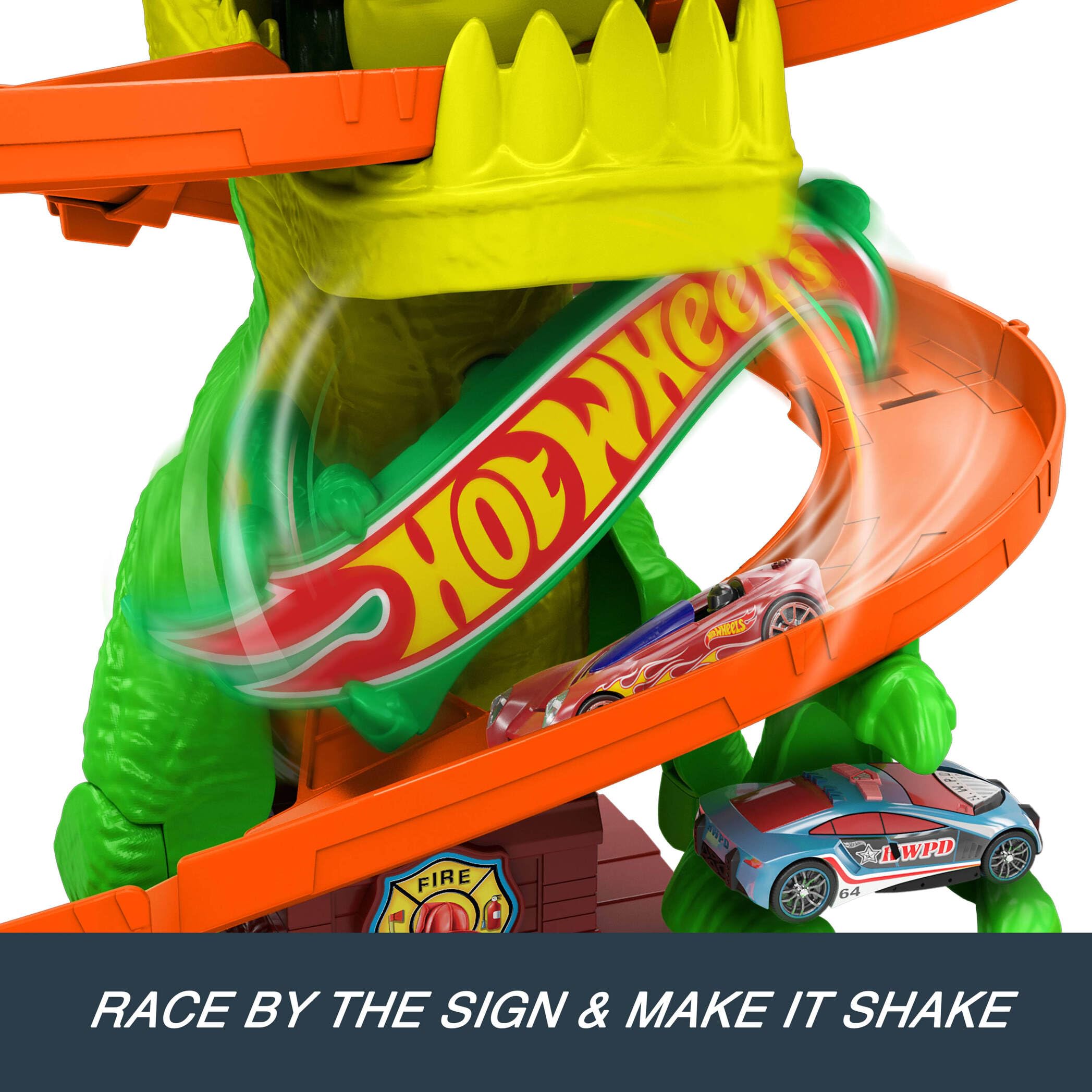 Hot Wheels City T-Rex Blaze Battle Playset with 1:64 Scale Die-Cast Fire Engine | Ages 4+ 5