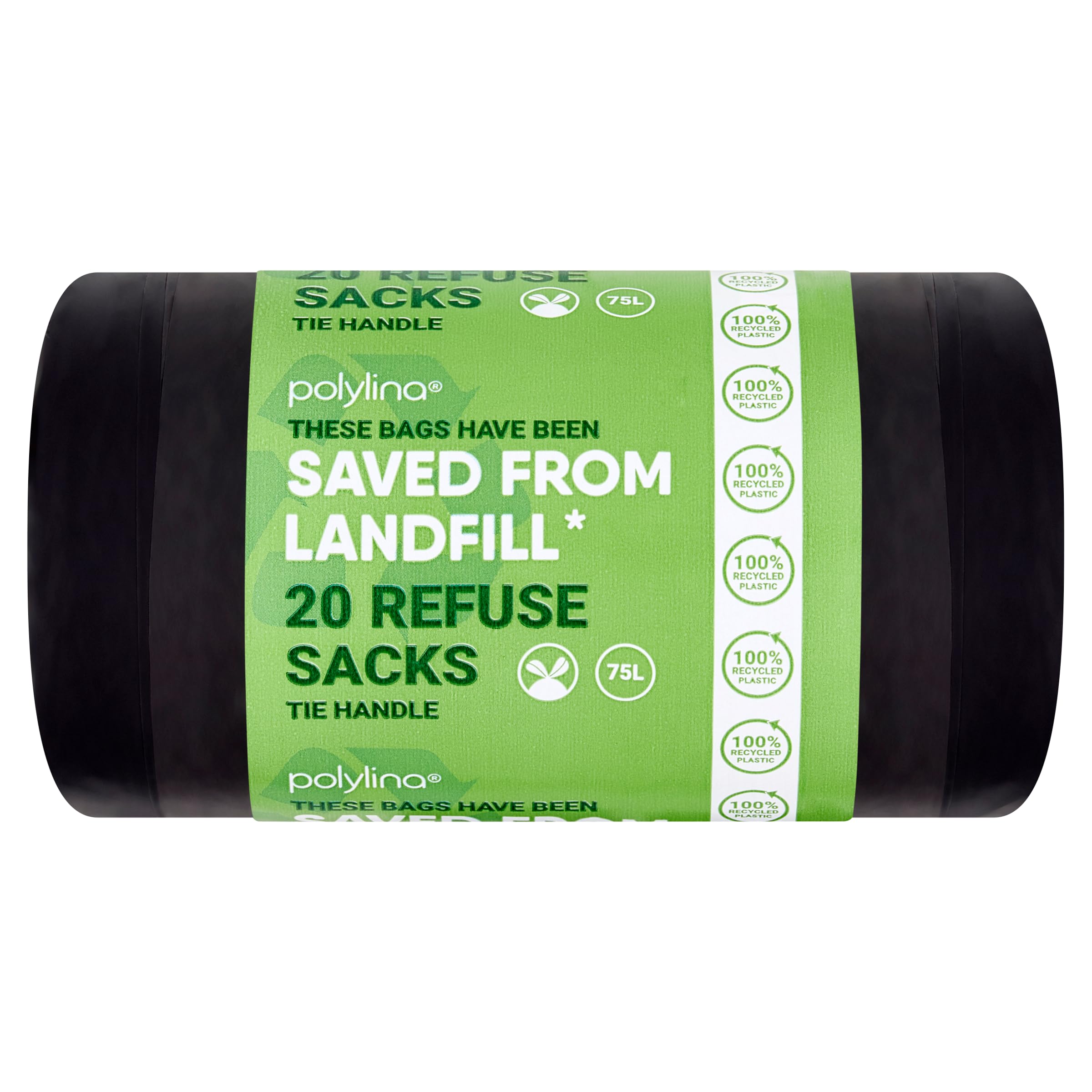 Polylina - 75 Litre Black Bin Liners | 20 Tie Handle Refuse Sacks | 100% Recycled Plastic 1