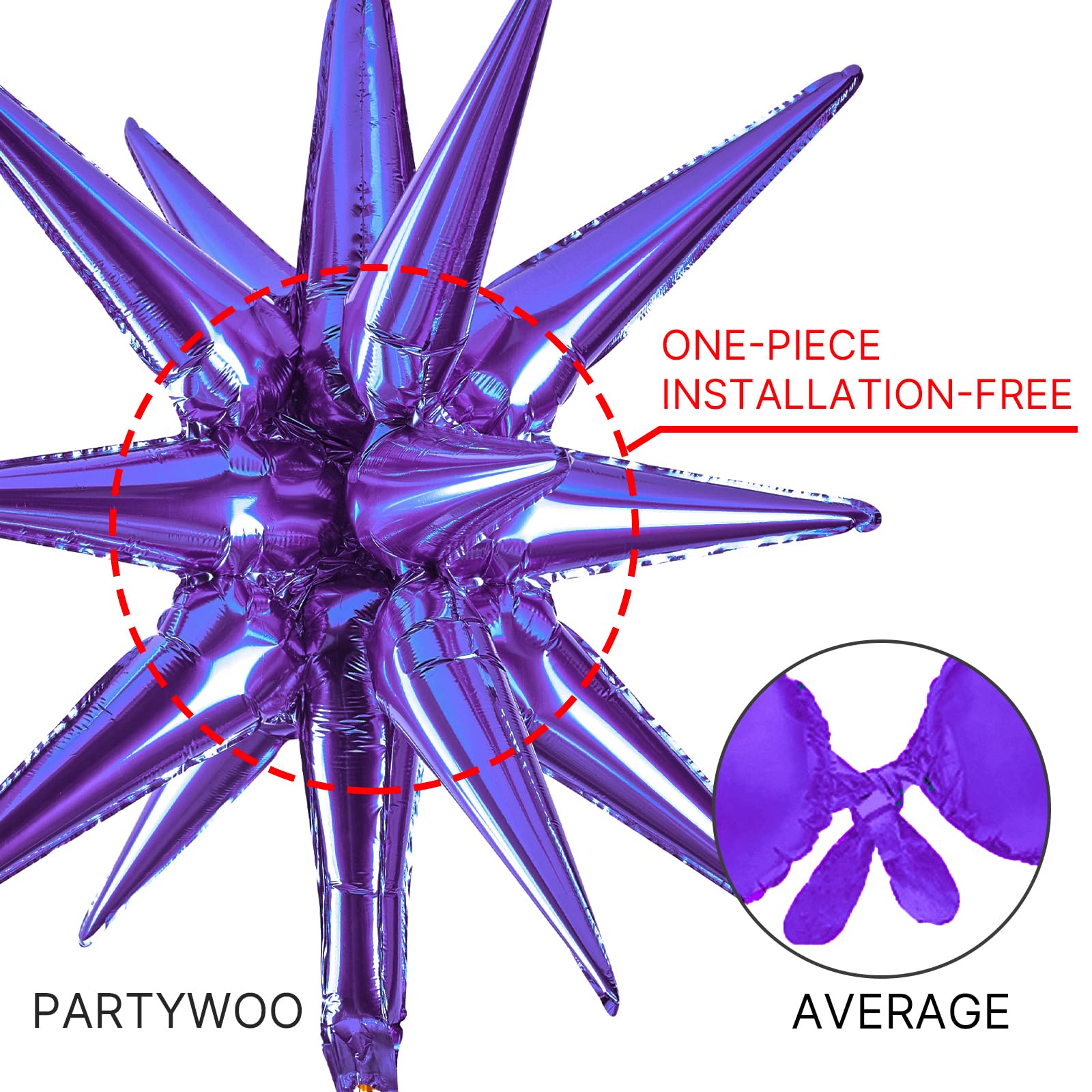 PartyWoo - Purple Star Balloons 6 pcs, One-Piece 14-Pointed Starburst Foil Balloons 27 & 22 inch with Ribbon 10