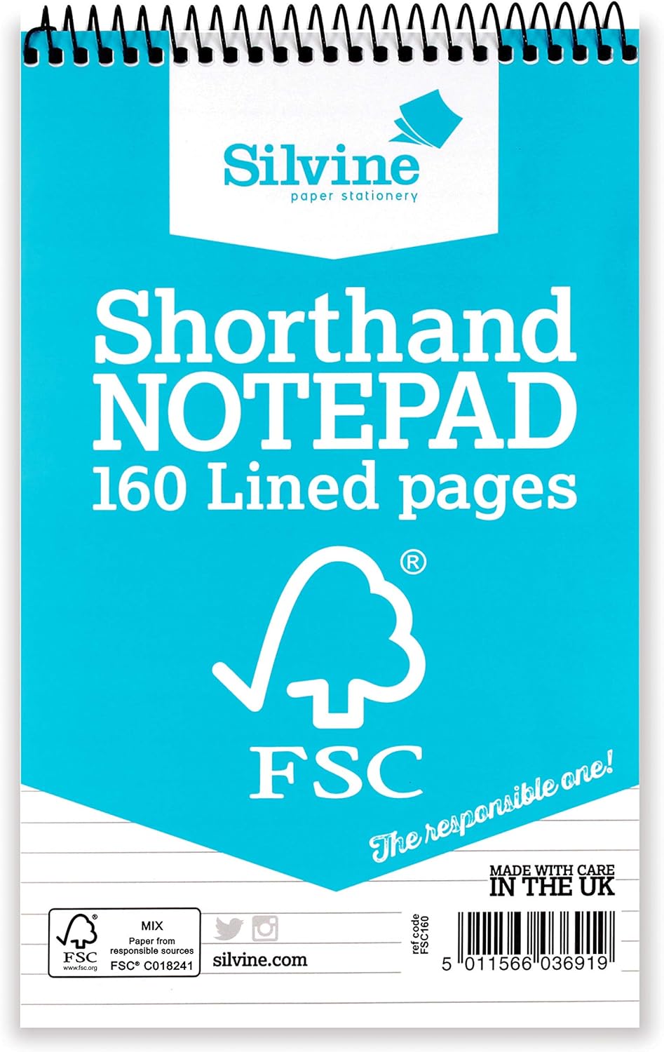 Silvine 8x5 Everyday FSC Shorthand Notebook - Ruled 8mm Feint, 160 Pages of FSC