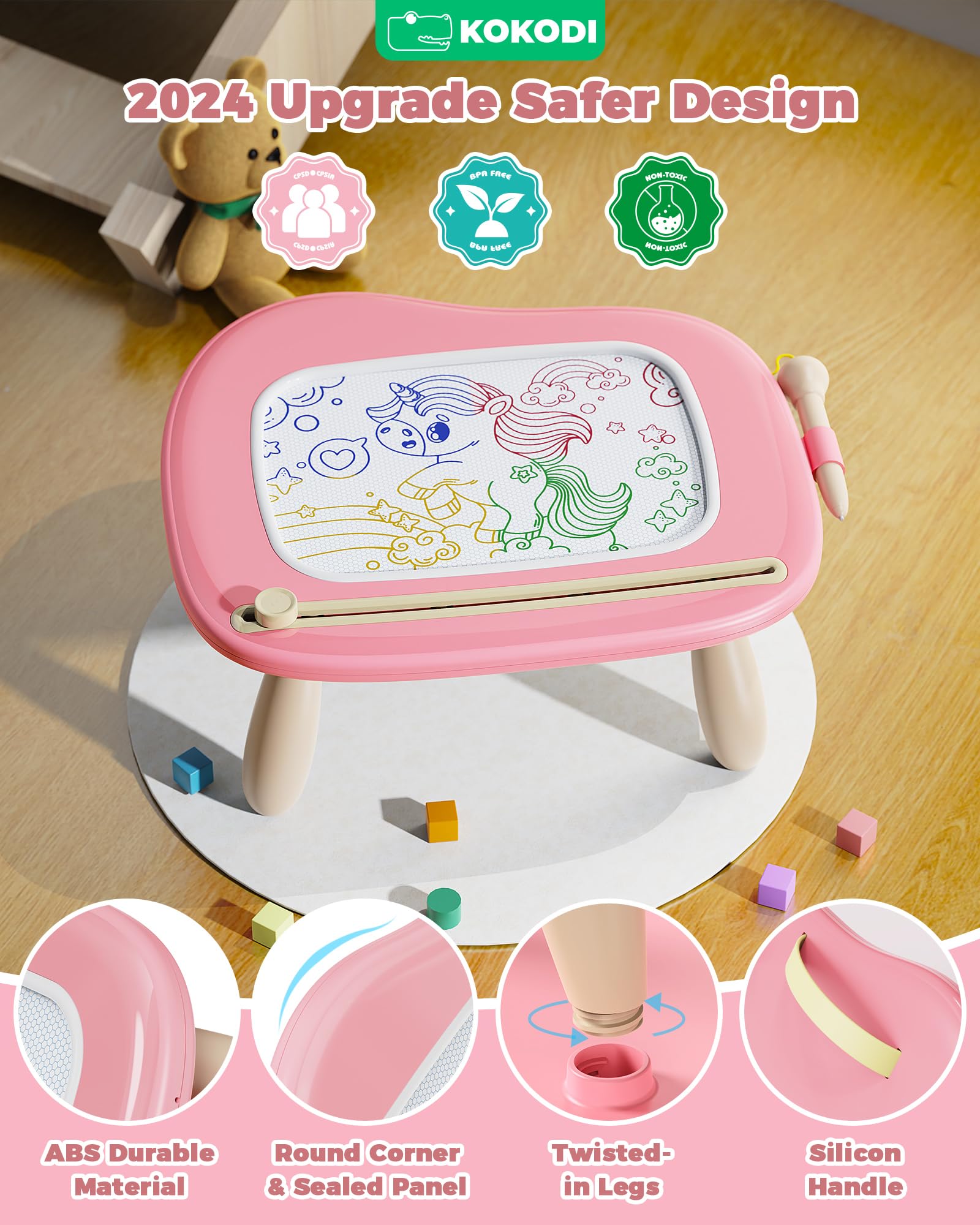 KOKODI Magnetic Drawing Board - 4 Color Zones | Adjustable Height | Pink | Ages 1-3