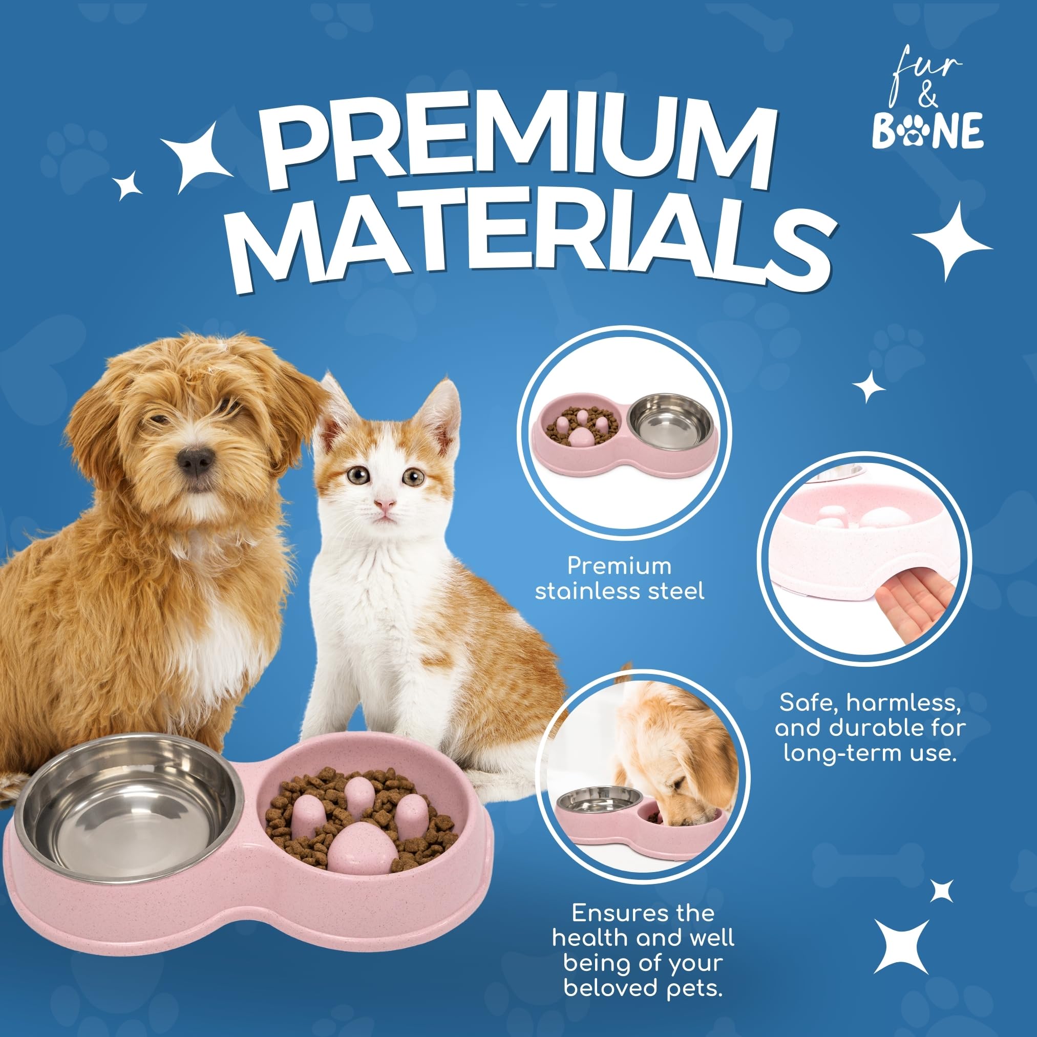 Fur & Bone Double Slow Feeder Dog Bowl - Stainless Steel & Wheat Straw | Non-Slip Base | Pink 2