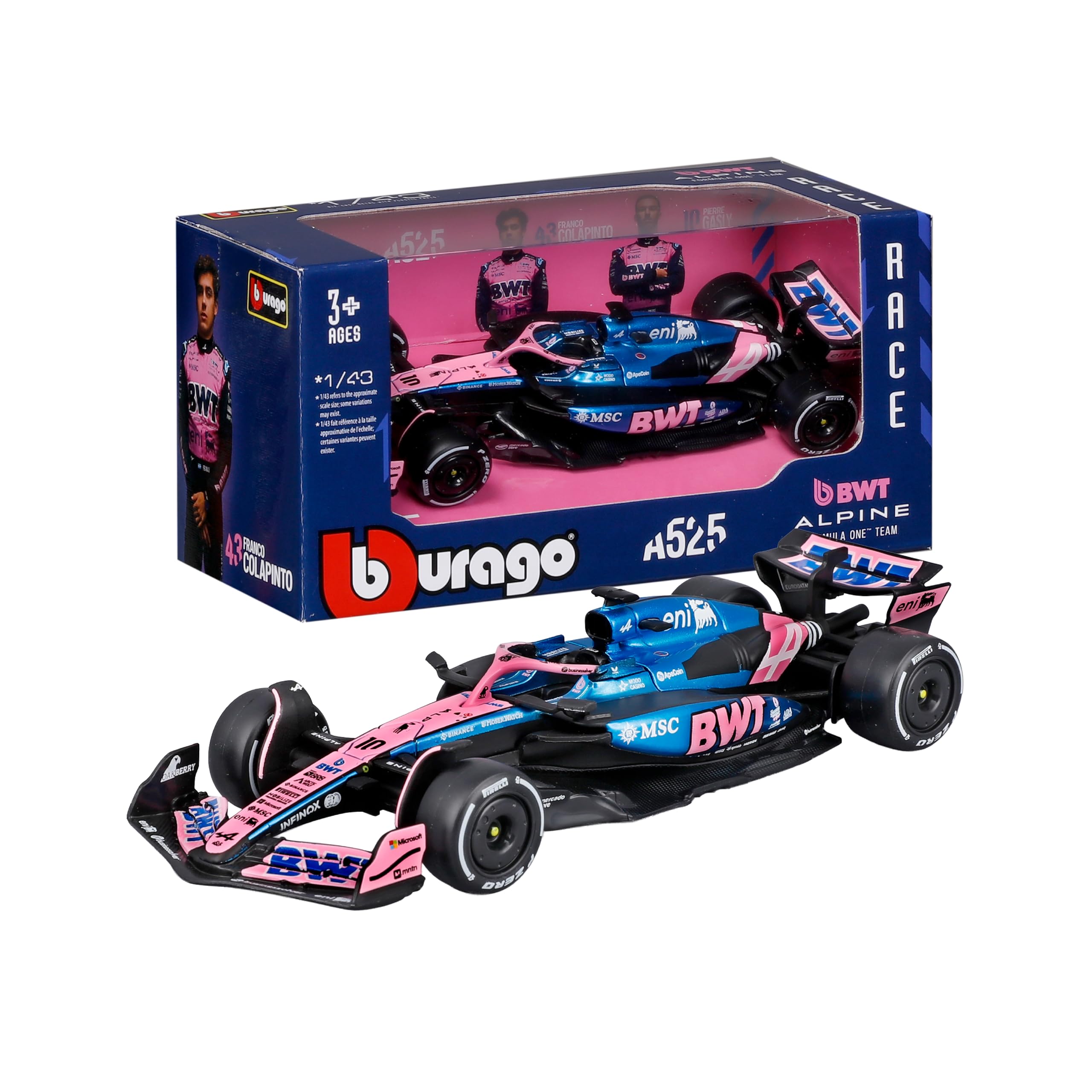 Bburago BWT Alpine A525 2025 #10 Gasly 1:43 Scale Diecast Car | Metal | Pink