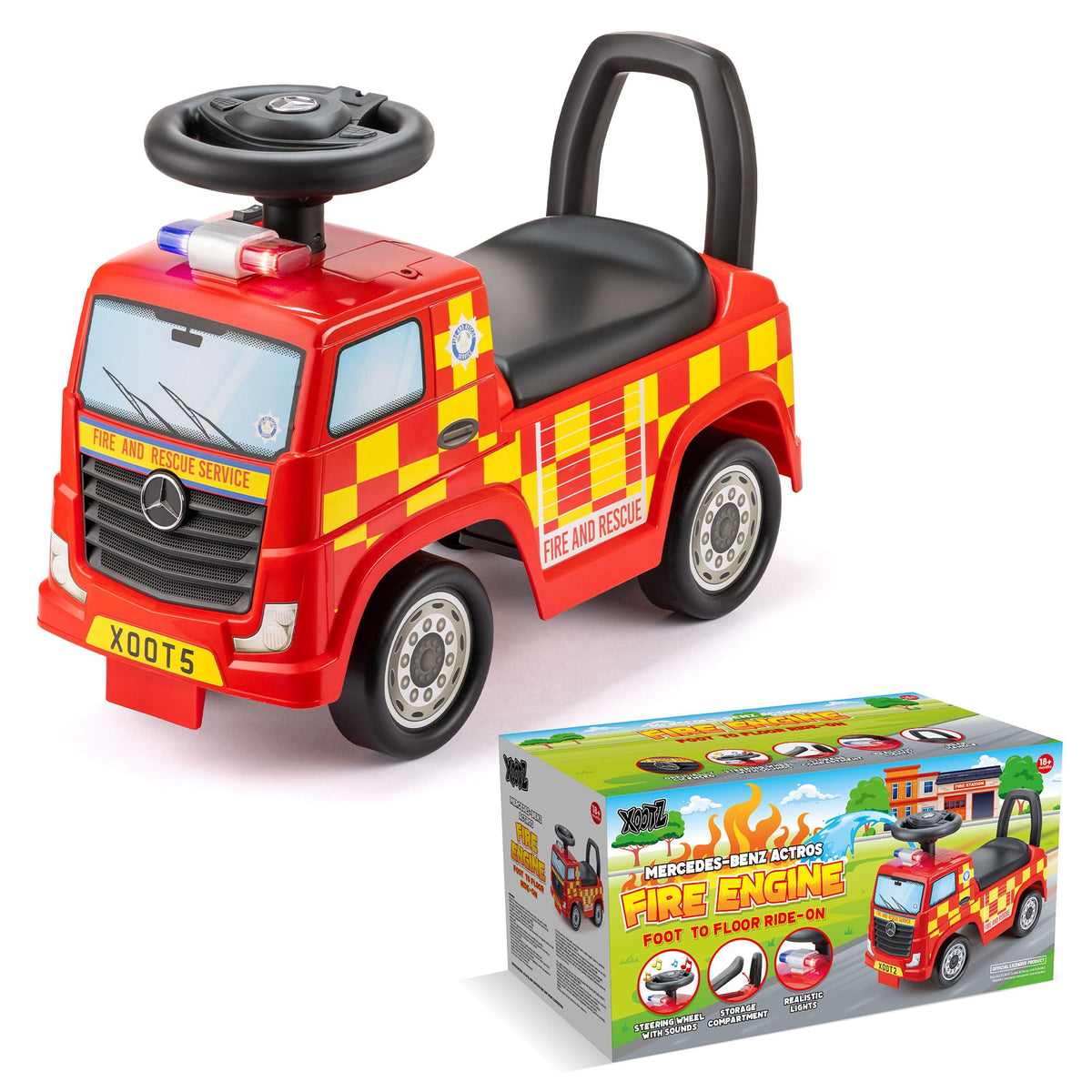 Xootz Mercedes-Benz Fire Engine Foot to Floor Ride-On - Manual Ride-On with Lights and Horn, Red
