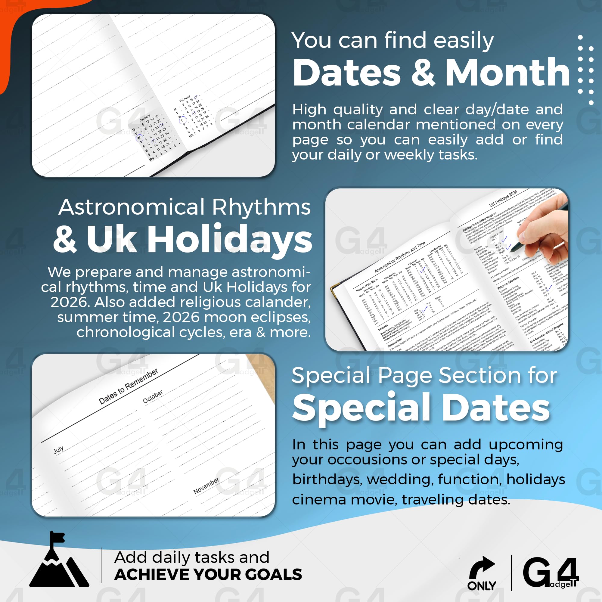 G4GADGET 2026 A4 Week to View Diary | Black Hardback with Gilt Edges | 195 Pages 4
