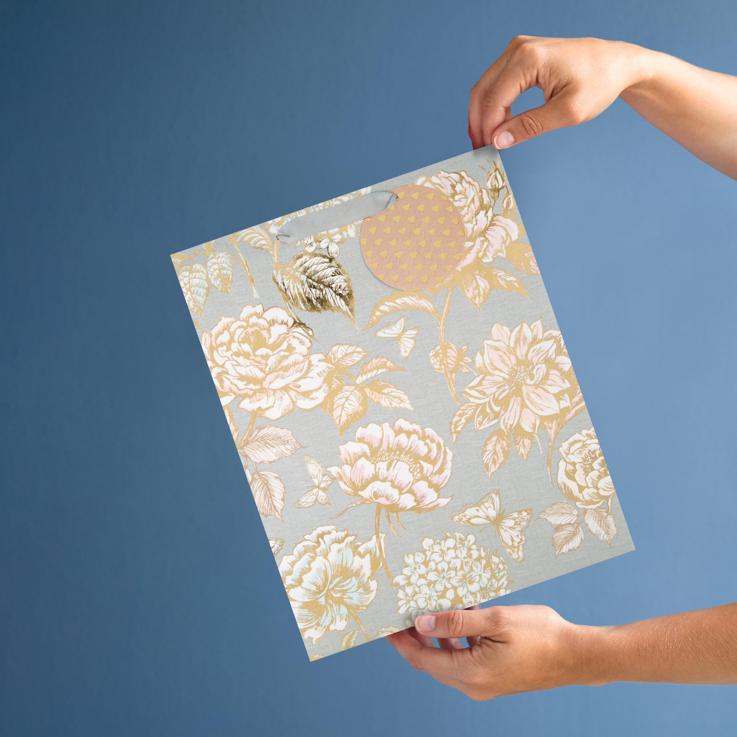 Hallmark Large Gift Bag - Foiled Floral Design | 33cm x 26.5cm x 14.6cm | Includes Gift Tag
