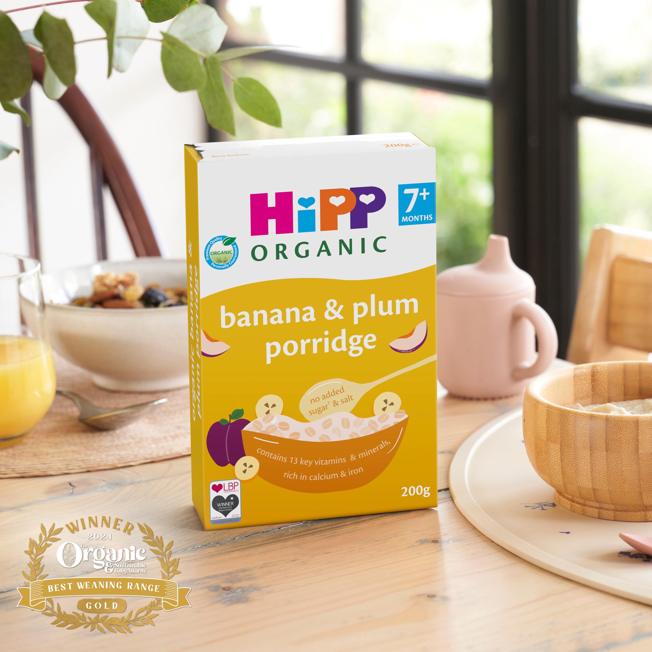 HiPP Organic Banana & Plum Porridge - 7+ Months, 200g (Pack of 4) | Rich in Iron & Calcium
