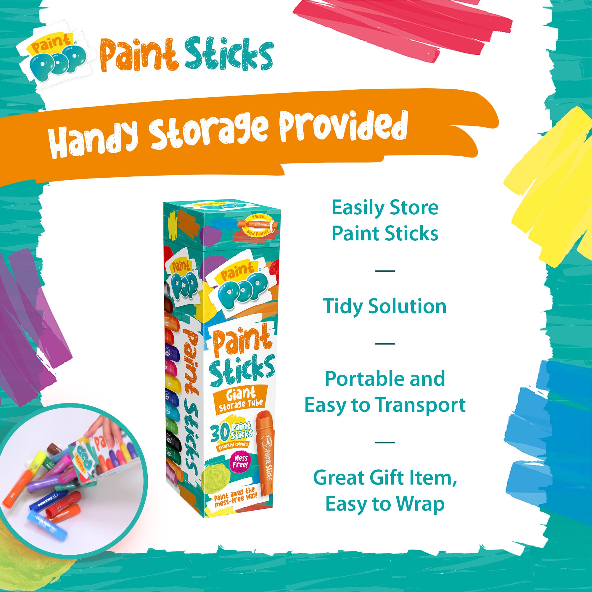 Paint Pop Paint Sticks - 30 Pack Assorted Colors Giant Storage Tube | Mess-Free Painting for Kids 7