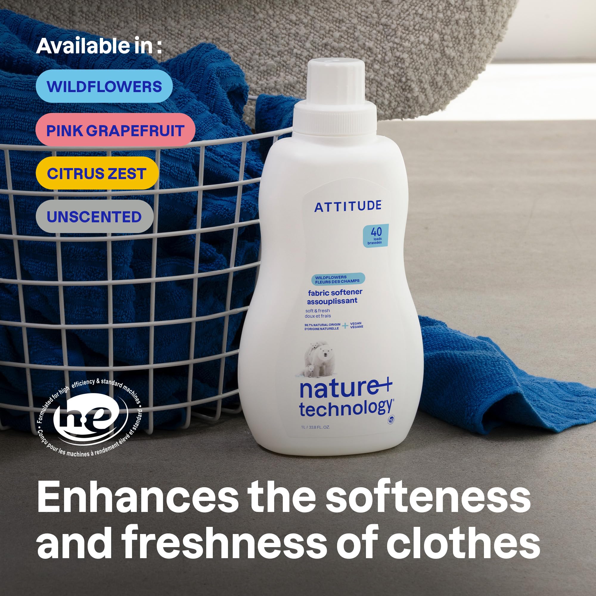 ATTITUDE Liquid Fabric Softener - Plant-Based, Vegan, Wildflower Scent | 1 l | 40 Loads 2