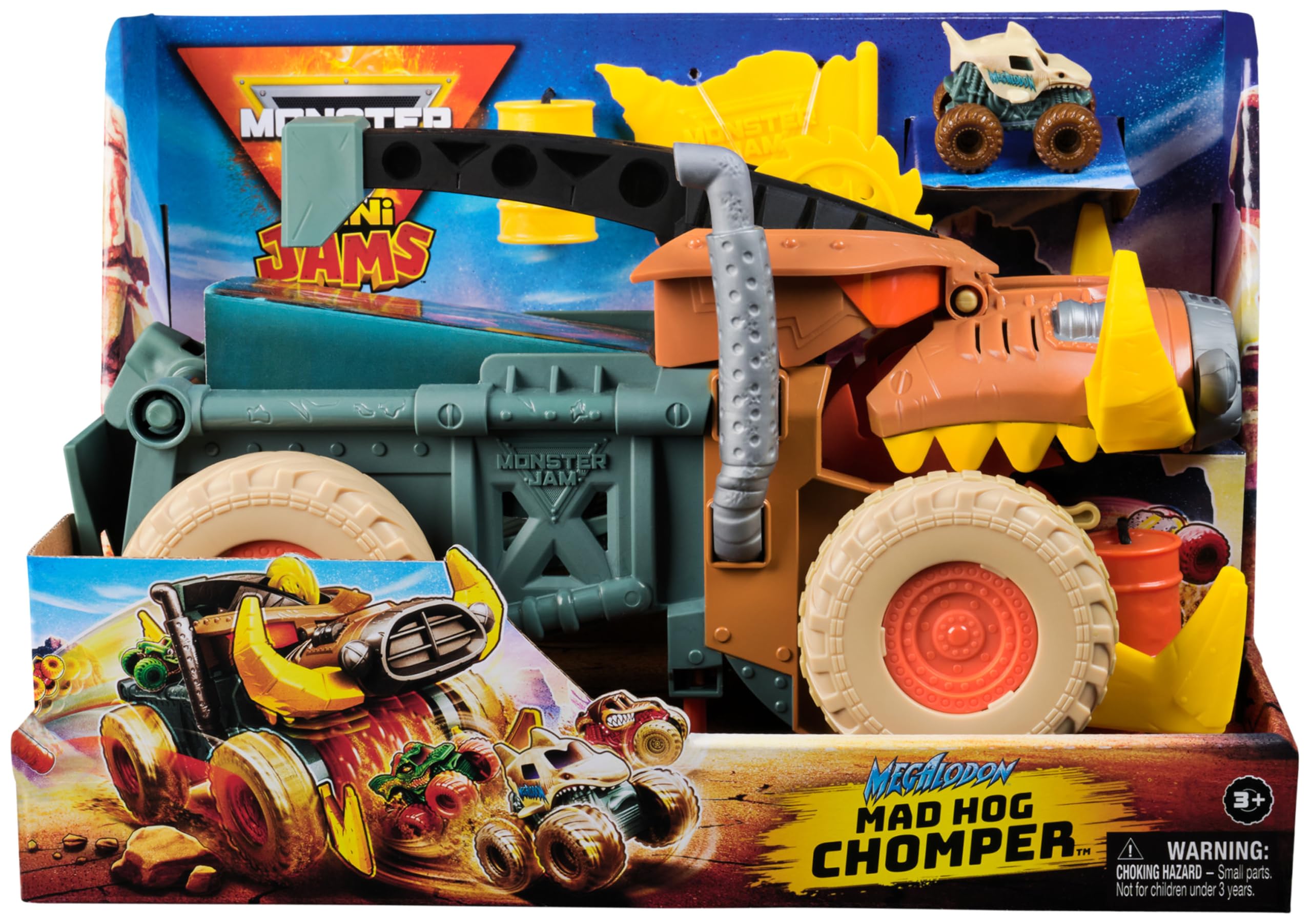 Monster Jam Mini Jams Megalodon Mad Hog Chomper Playset | 1:87 Scale Truck & Barrels 2