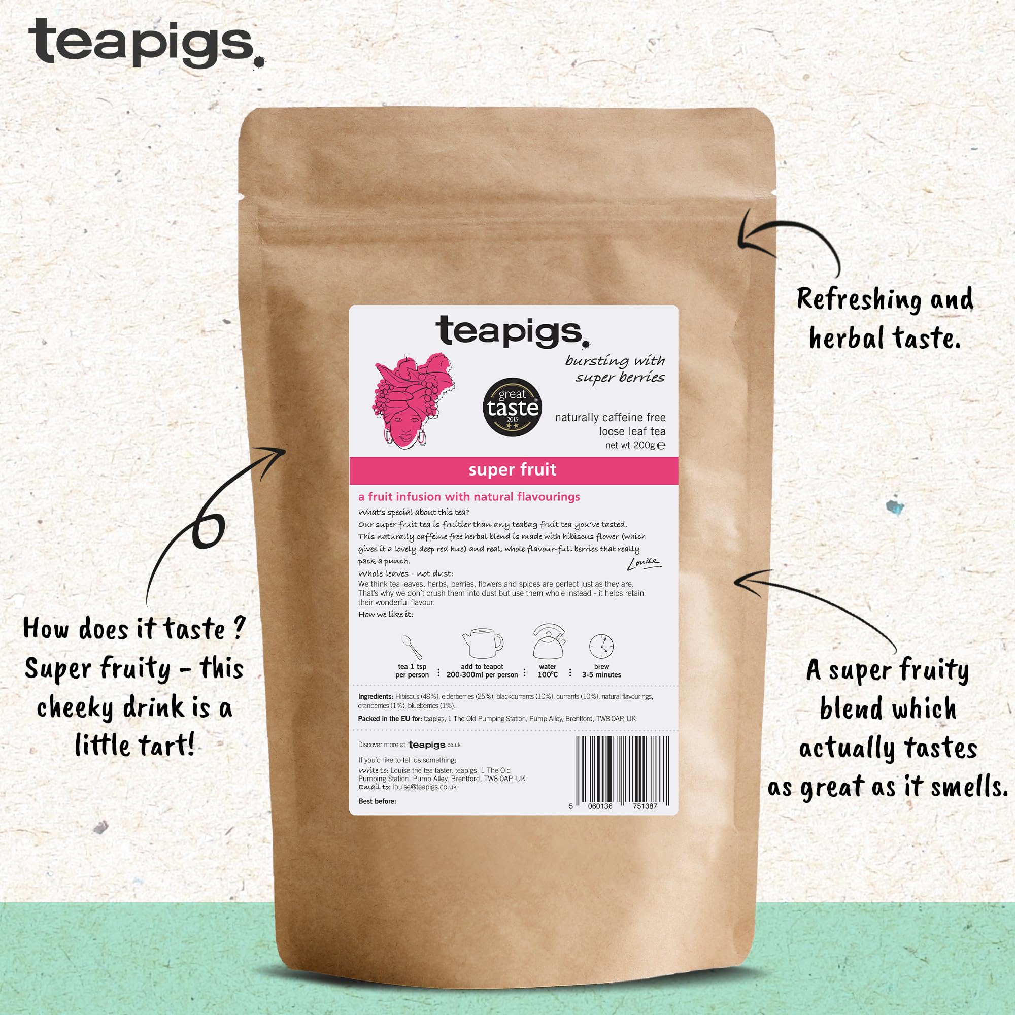 teapigs Super Fruit Tea - Caffeine-Free Herbal Loose Leaf with Hibiscus and Whole Berries, 200g 3