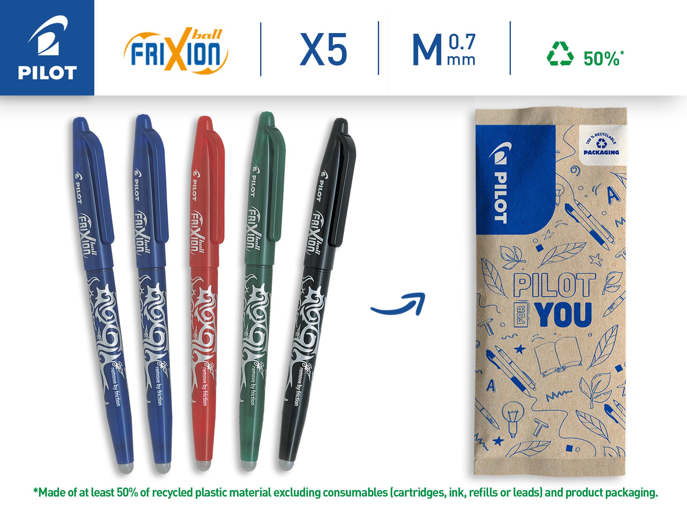 PILOT FriXion Ball Erasable Rollerball Pen - Medium 0.7mm Tip | Pack of 5 Assorted Colors