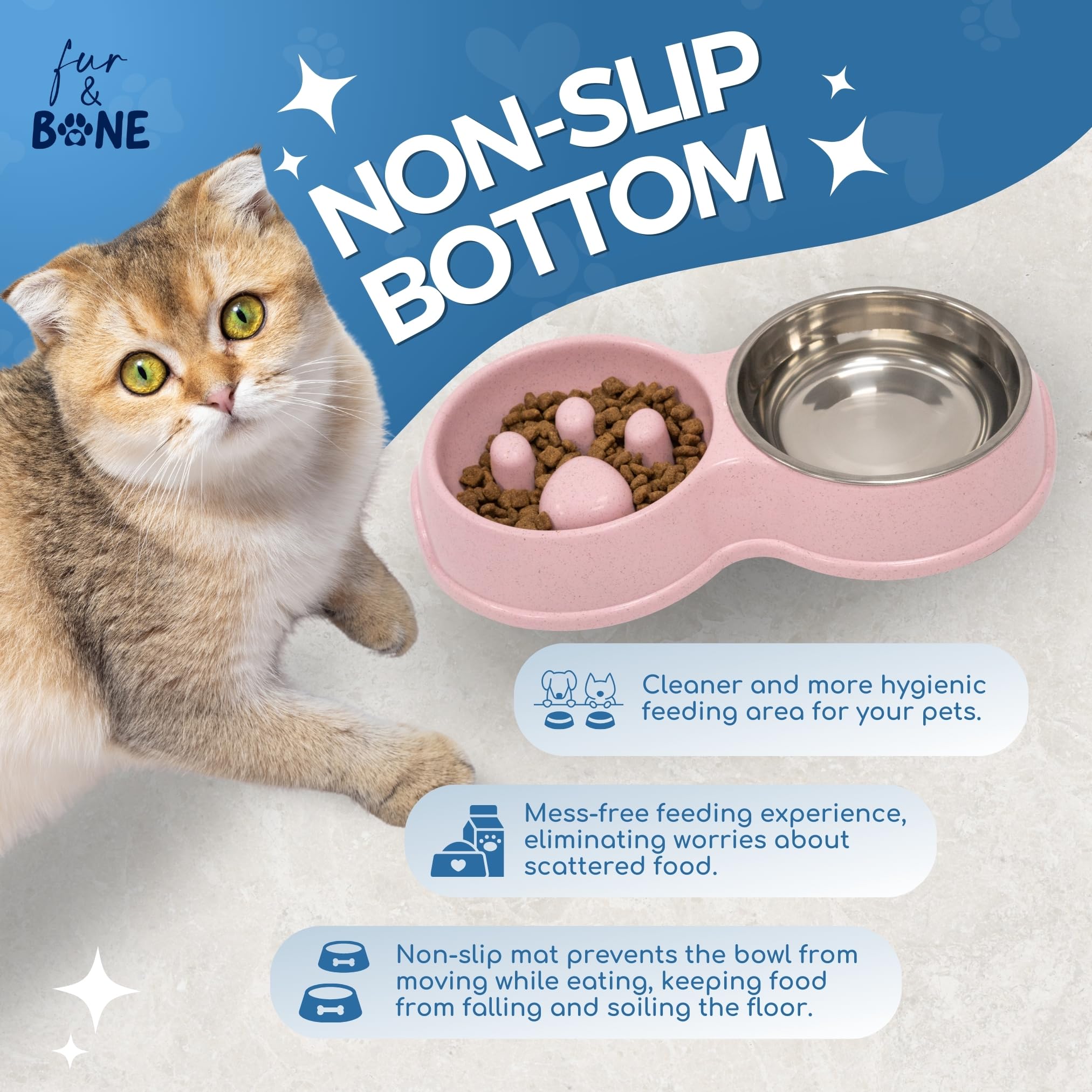 Fur & Bone Double Slow Feeder Dog Bowl - Stainless Steel & Wheat Straw | Non-Slip Base | Pink 6