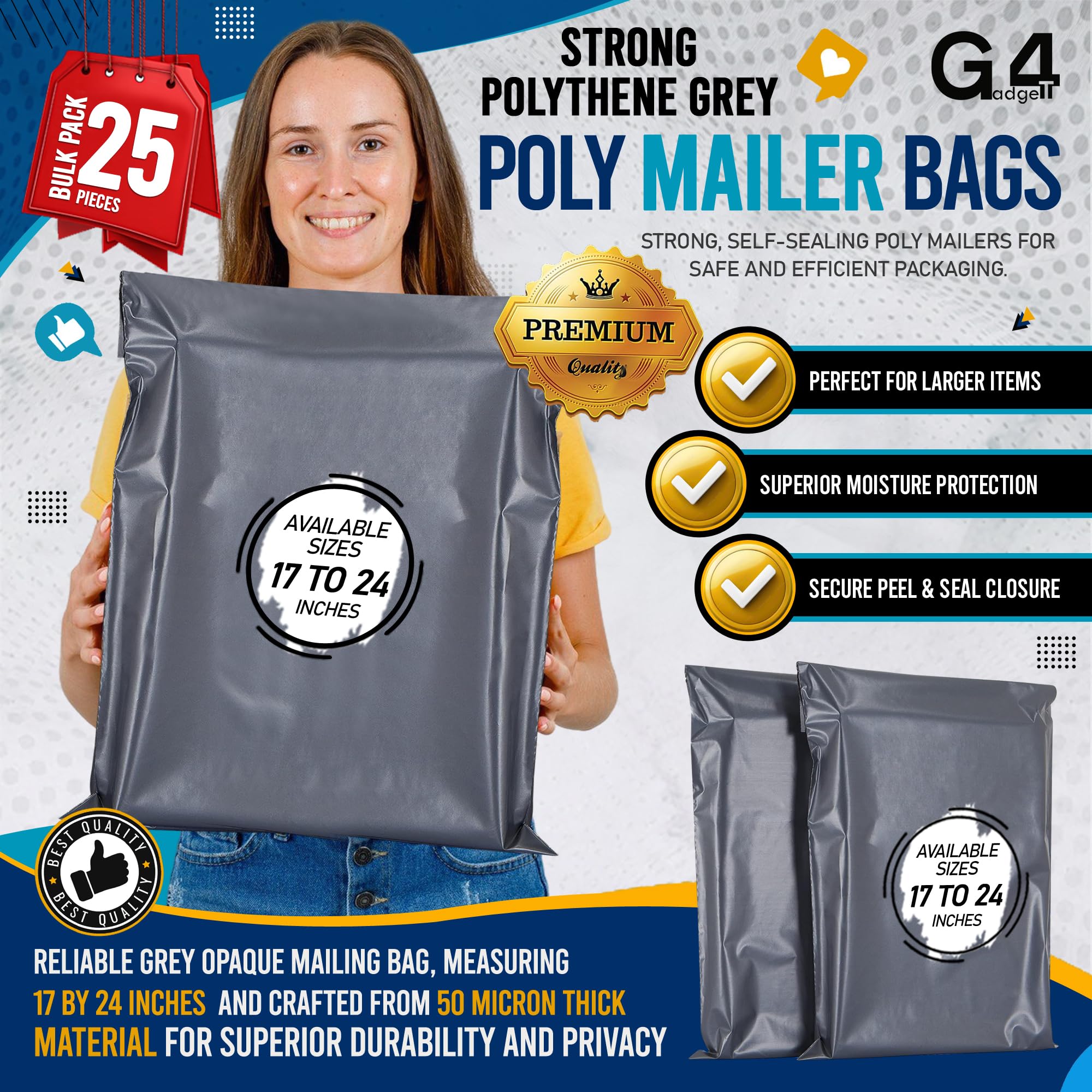 G4GADGET Large Grey Box Mailers - 25 Pack | 17 x 24 Inches | Strong Plastic Poly Mailers