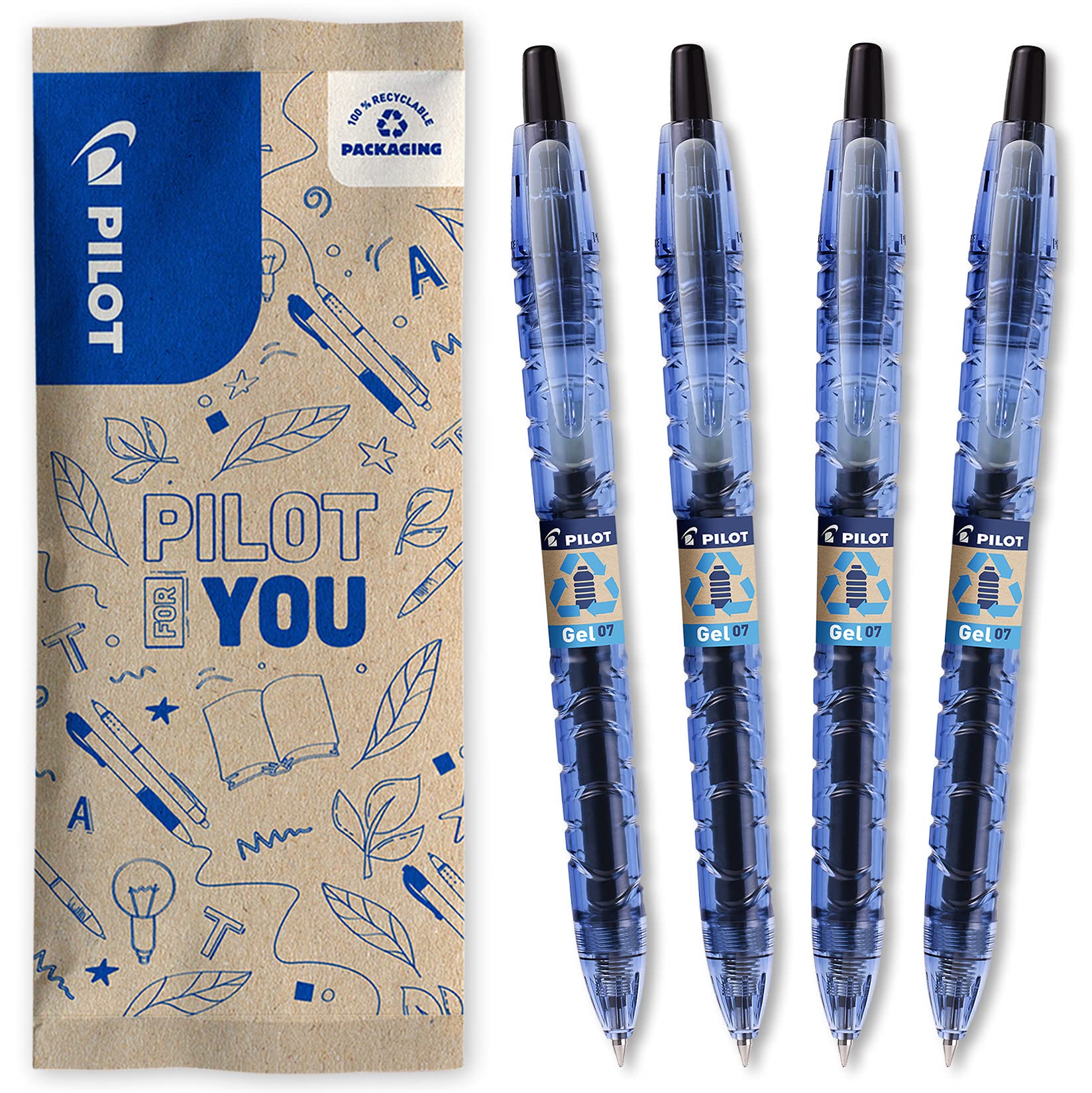 PILOT B2P Gel Ink Rollerball Pen - 0.7mm Medium Point - Retractable - Pack of 4