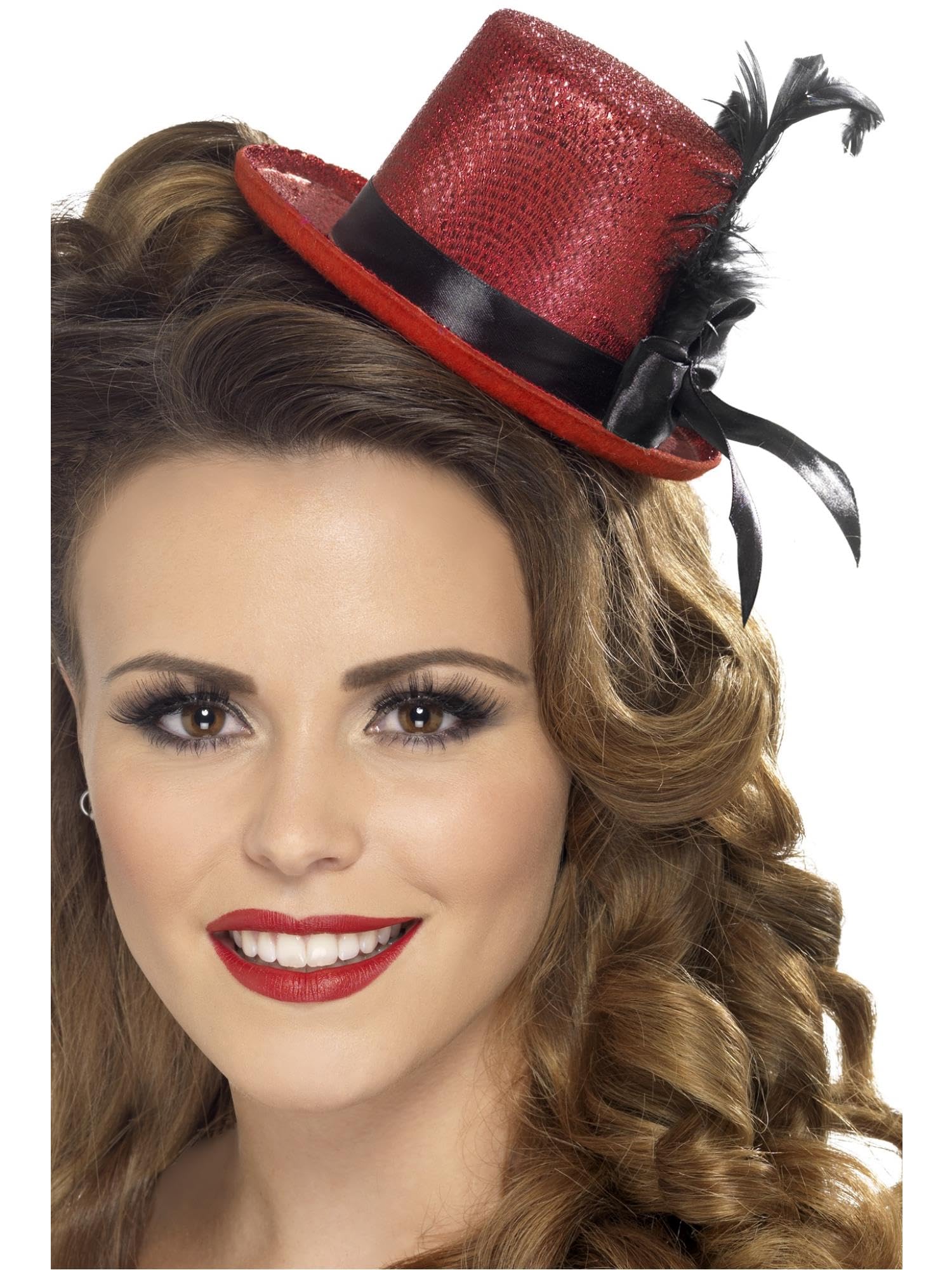 Smiffys 1920s Razzle Mini Top Hat with Black Ribbon and Feather - Red 1