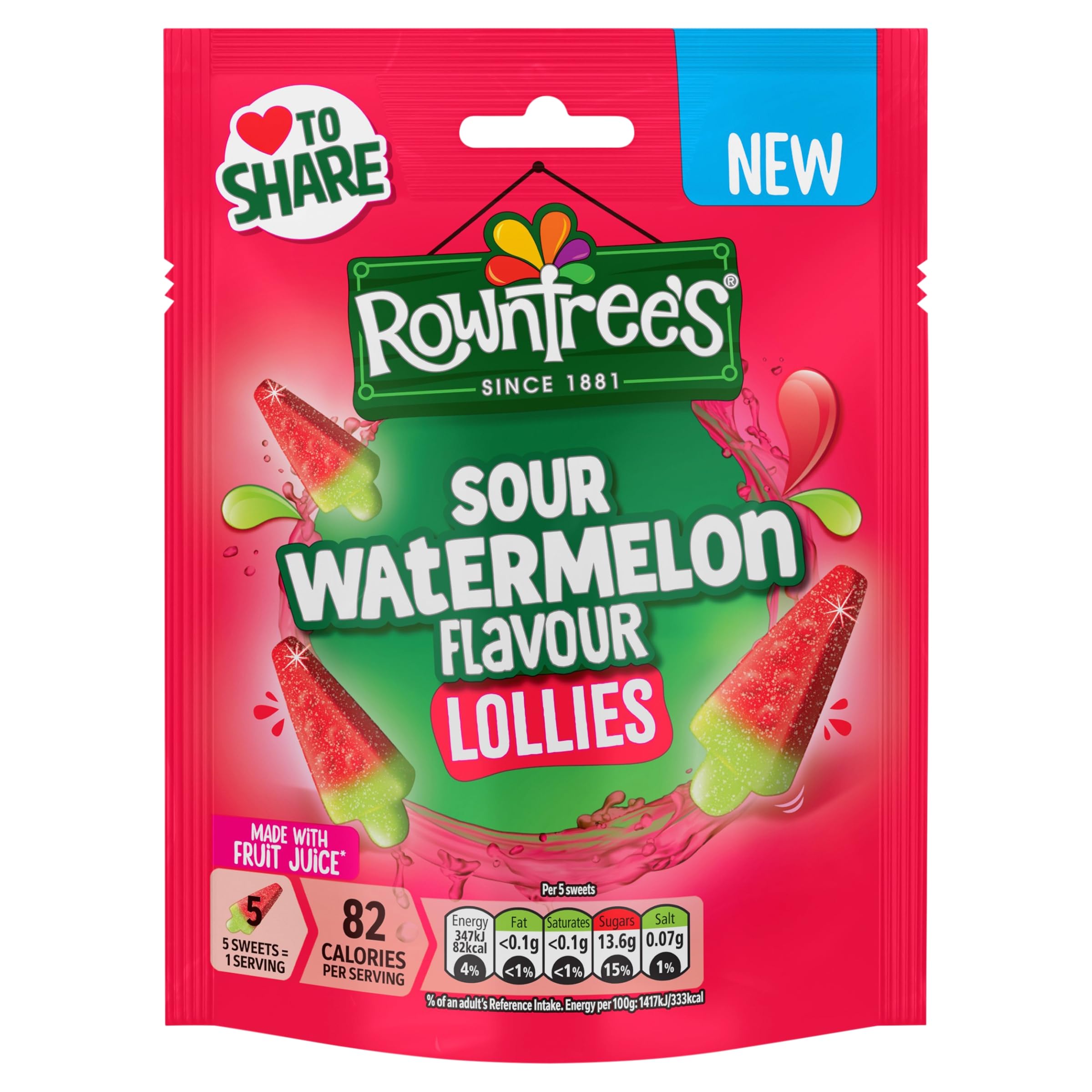 Rowntree's Sour Watermelon Flavour Lollies - Chewy Fruit & Chewy Sweets | 130g Sharing Bag