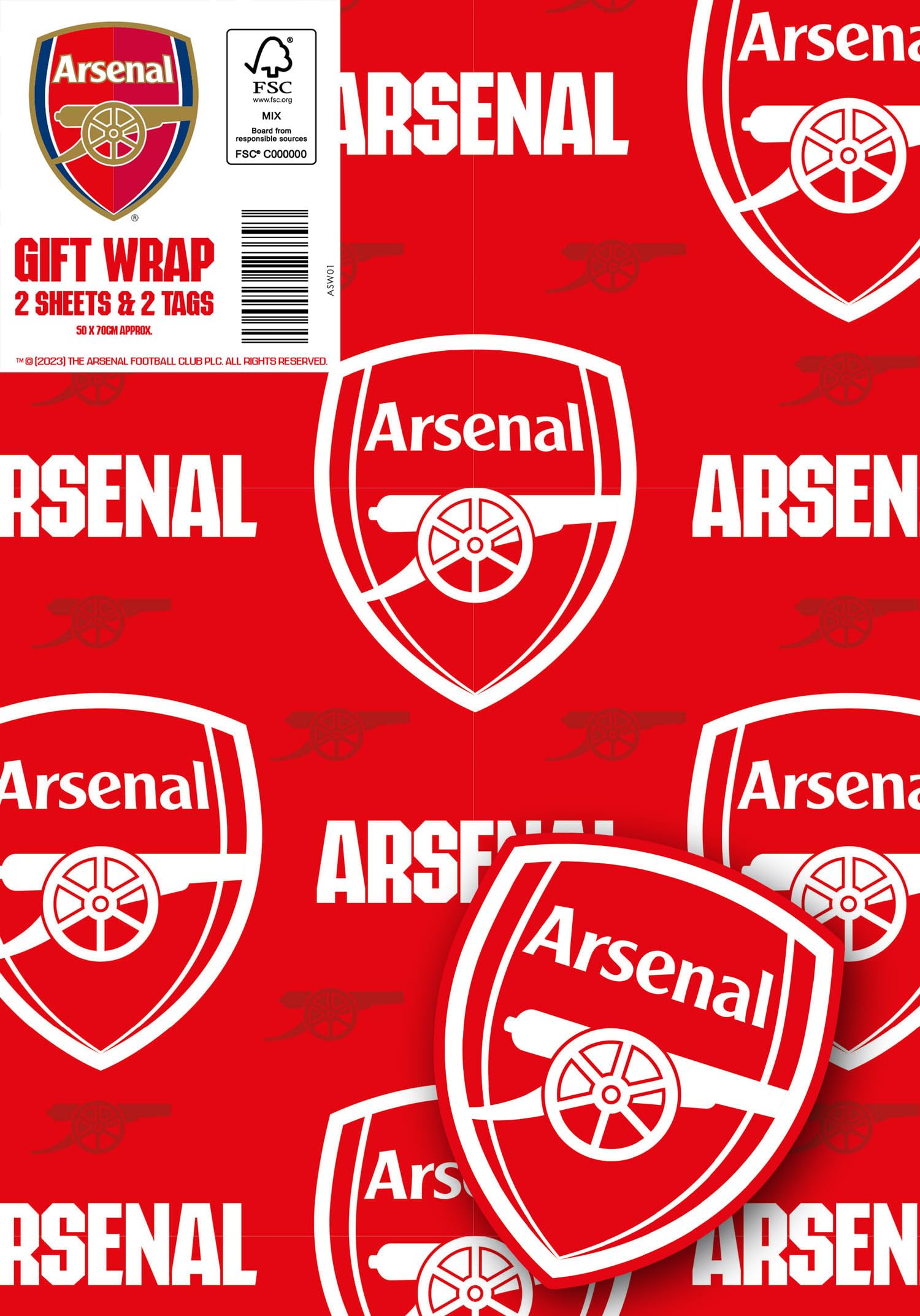 Danilo Promotions LTD Arsenal FC Wrapping Paper - 2 Sheets, 2 Tags | 70x50cm | Red | Glossy Finish 1