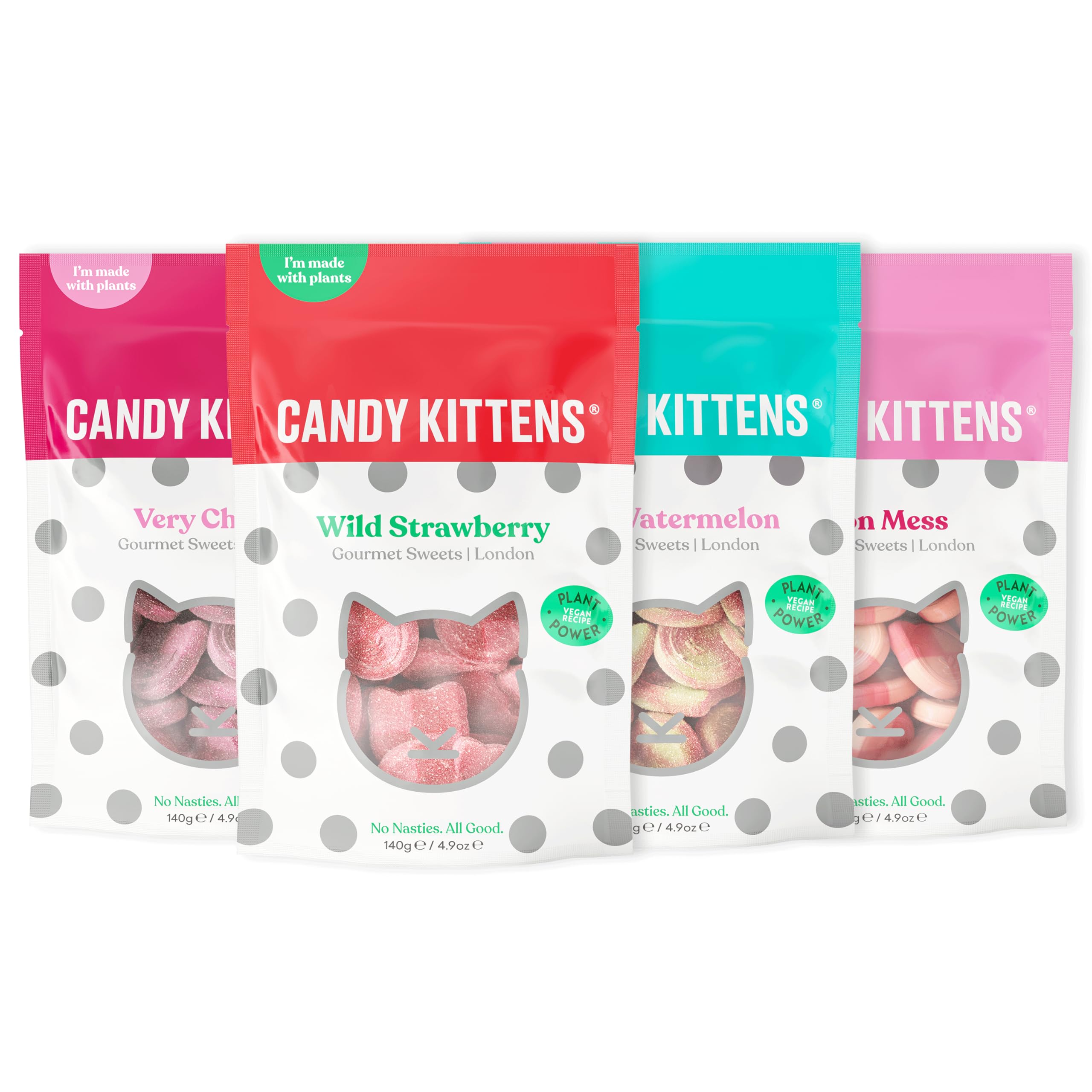 Candy Kittens THE OG Vegan Chewy Sweets Bundle (4 x 140 g) – Walderdbeere, Saure Wassermelone, Eton Mess und Very Cherry