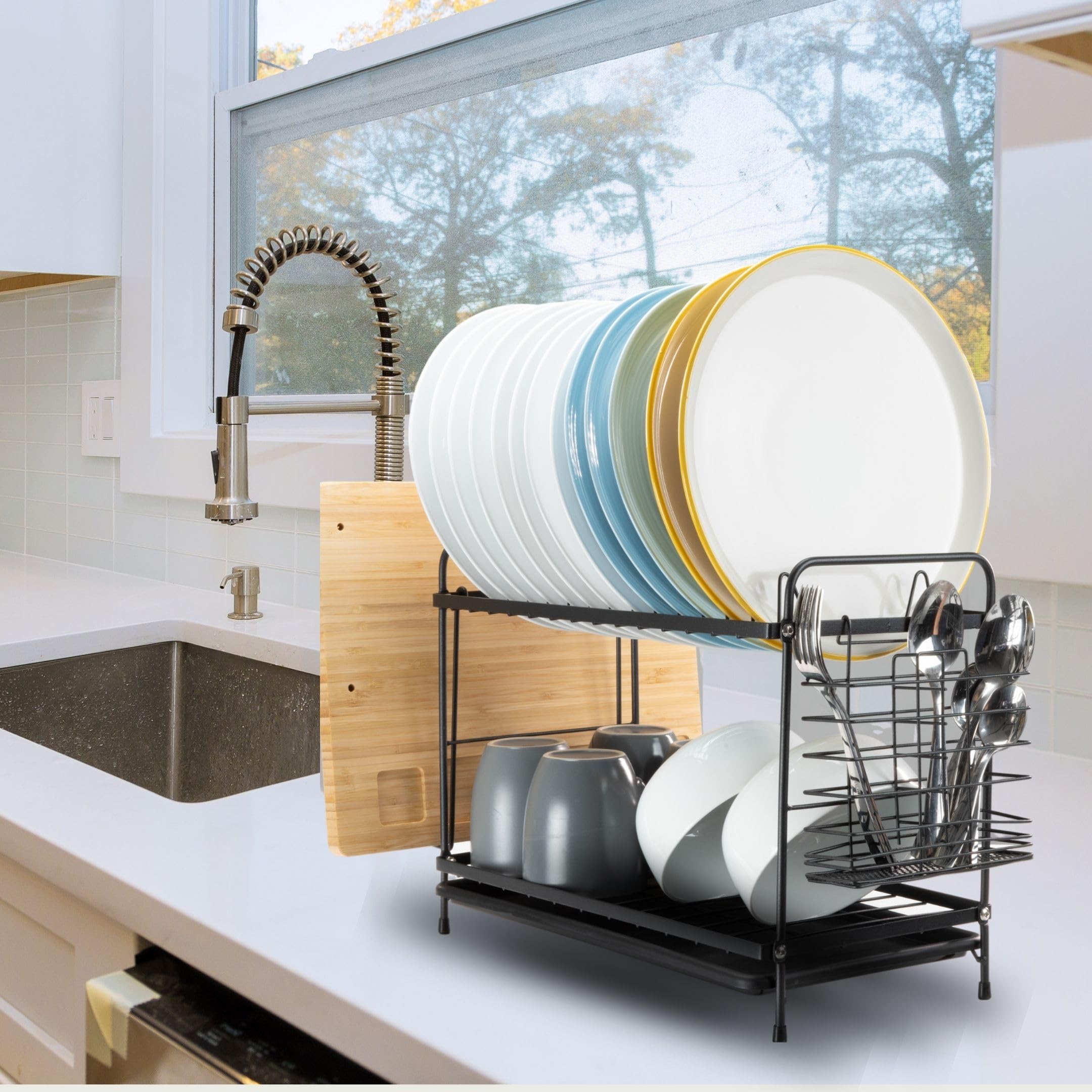 Coselena Multifunctional 2-Tier Stainless Steel Dish Drainer Rack | Rust Resistant | Black 8