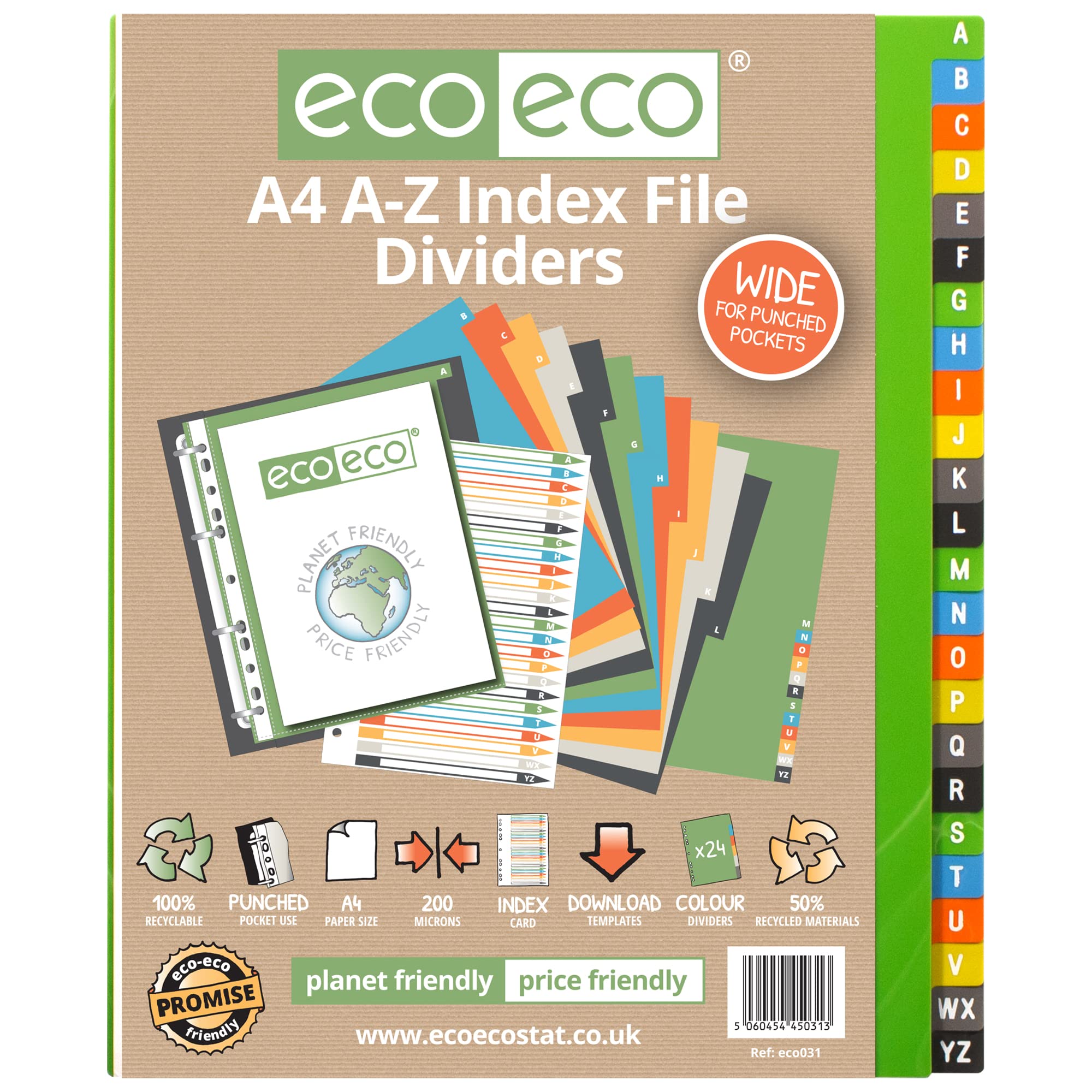 eco-eco A4 Index File Dividers - 24 Set A-Z Wide, 50% Recycled Material 1