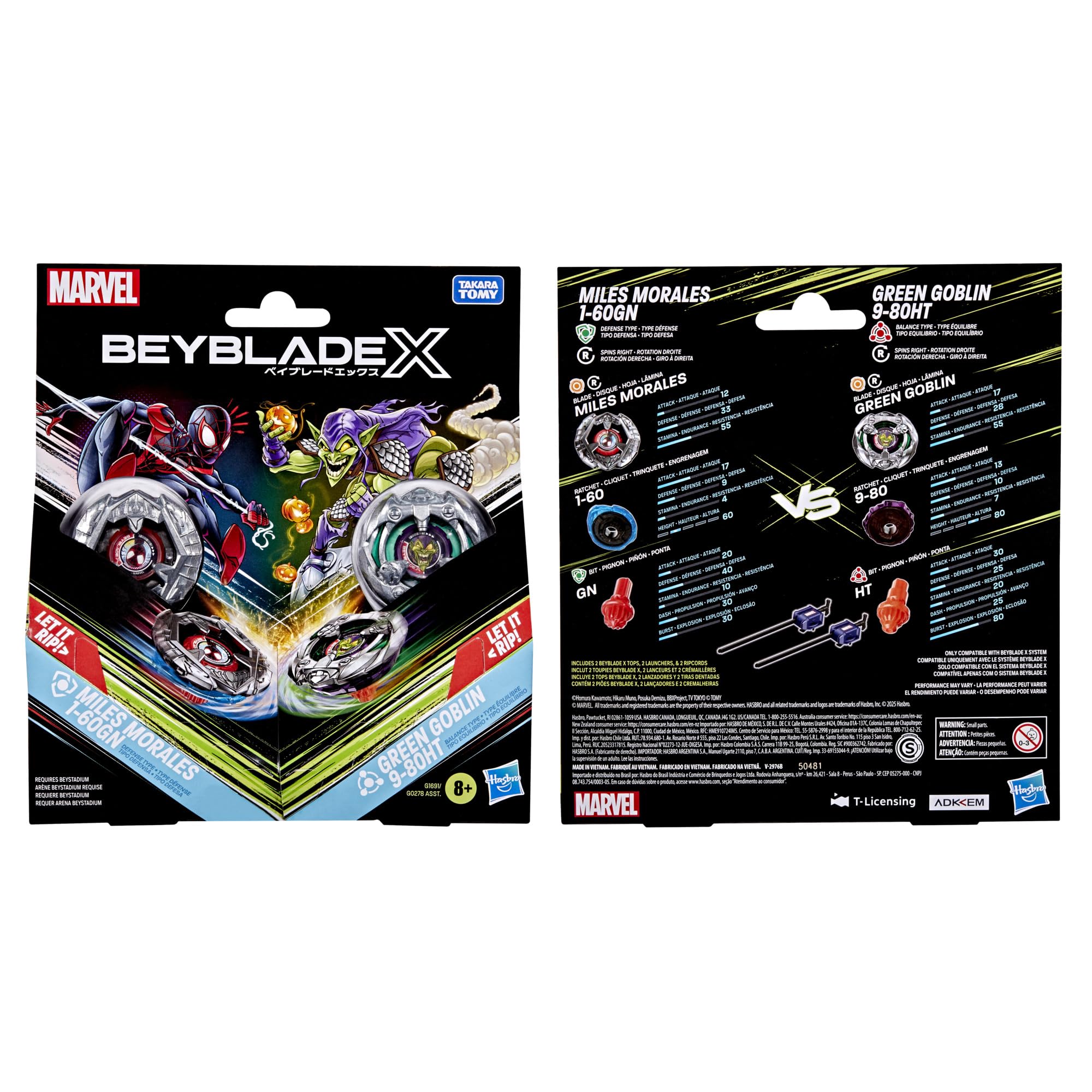 Hasbro Beyblade X Marvel Collab Miles Morales 1-60GN vs Green Goblin 9-80HT Battling Tops Set 6