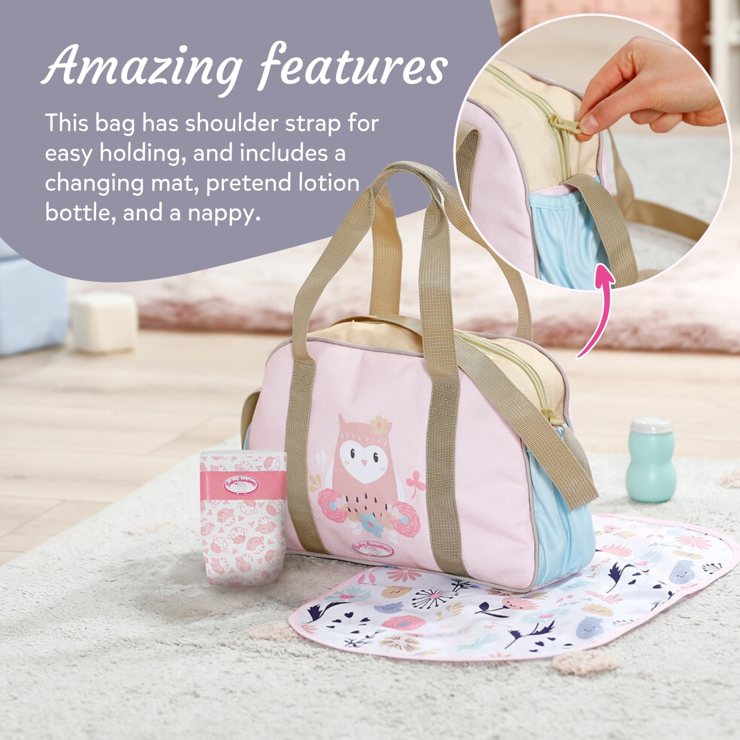 Baby Annabell Changing Bag - Includes Mat, Diaper & Lotion Bottle | Rose Color | Fits 36cm & 43cm Dolls 5