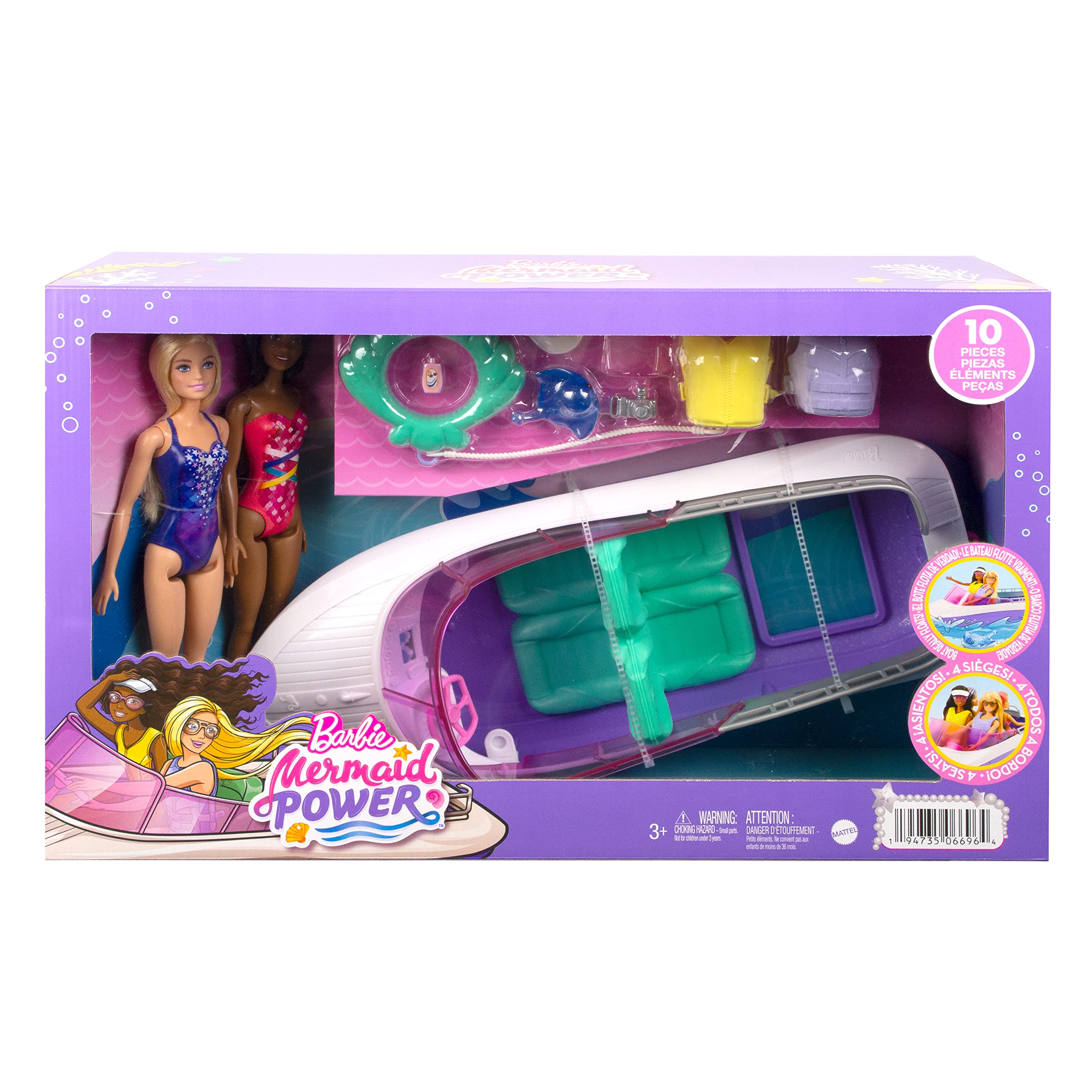 Barbie Mermaid Power Playset - 18-inch Floating Boat with 2 Dolls & Accessories | Ages 3+ 6