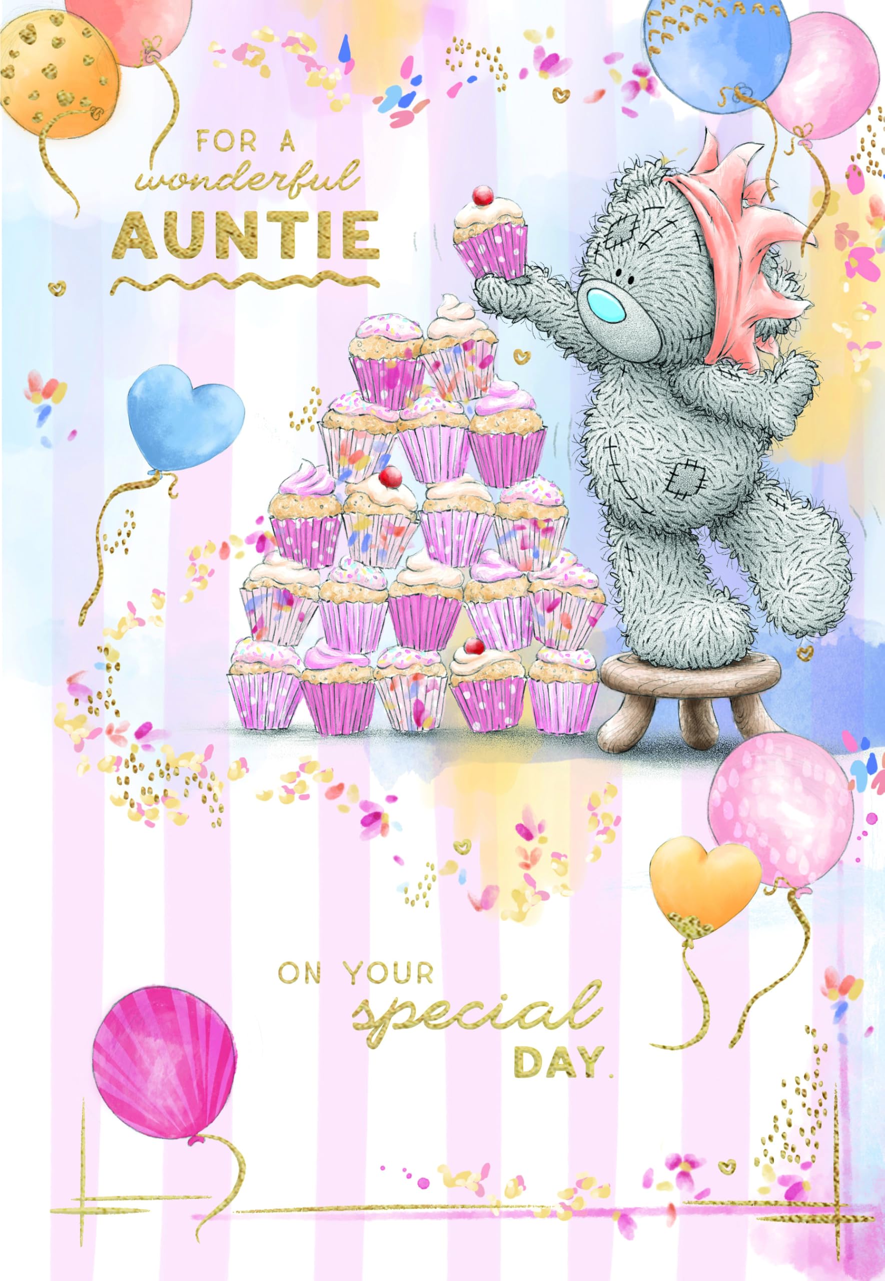 Me To You Tatty Teddy Wonderful Auntie Bear Stacking Cupcakes Luxury Gold Foil Birthday Card | 6 x 9 Inch 1