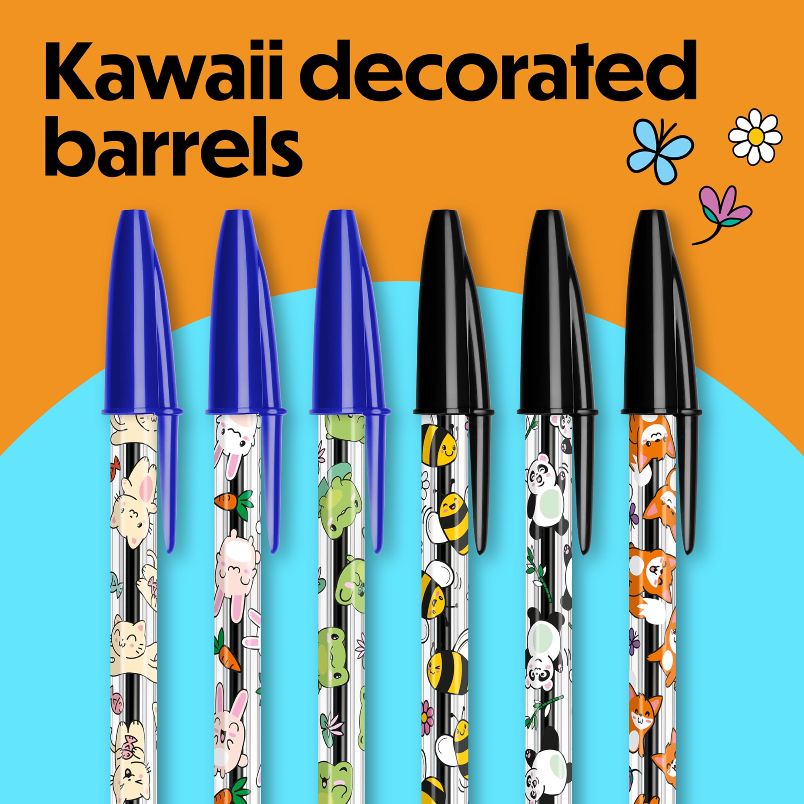 BIC Cristal Decors Kawaii Ballpoint Pens - Medium 1.0mm Point | Blue & Black Ink | Pack of 8 3