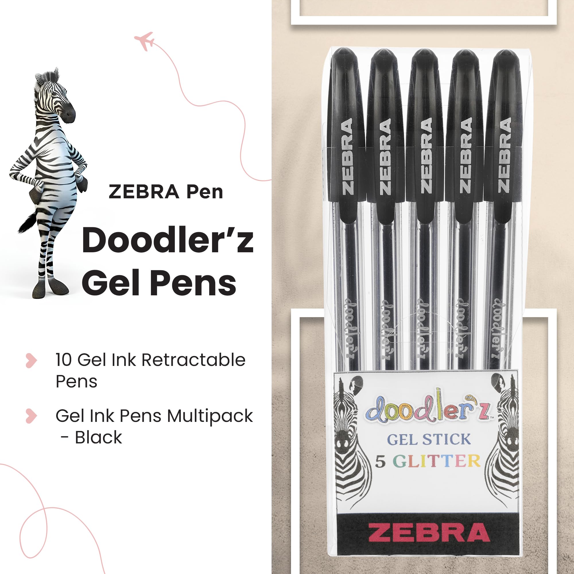 Zebra Pen Doodlerz Gel Stick Pens - 1.0mm Bold Point, Black Ink, 5-Pack