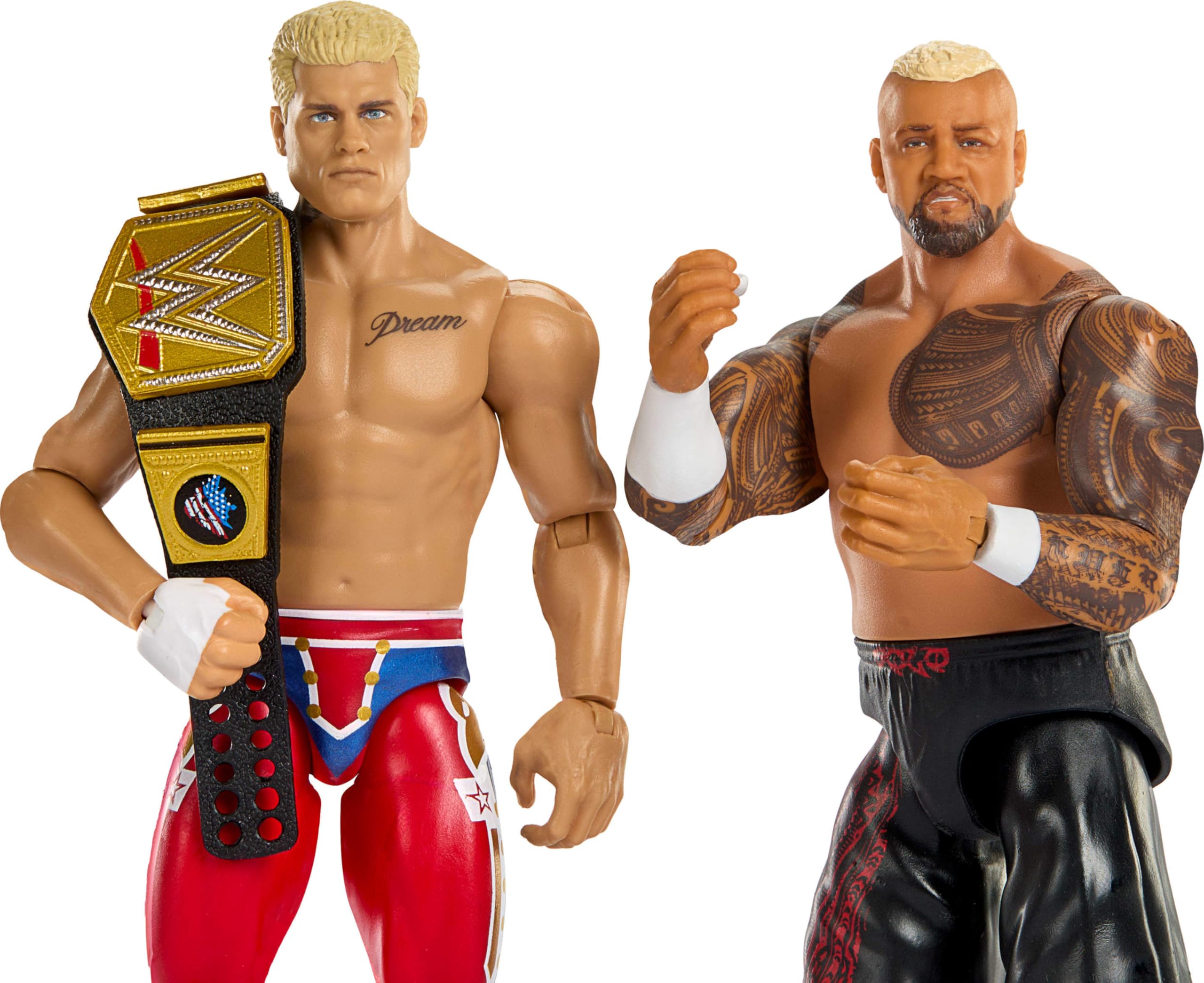 Mattel WWE Main Event Showdown 2-Pack Action Figures (Cody Rhodes & Solo Sikoa) - 6-Inch Figures with Accessory, 10 Points of Articulation