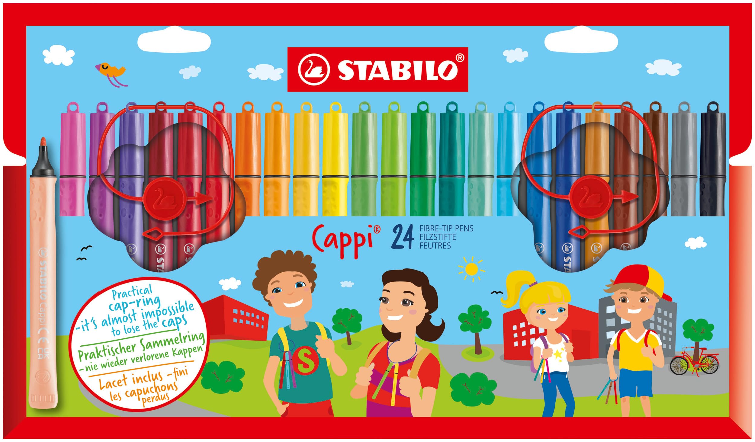 STABILO Cappi Fibre-Tip Pens - 24 Assorted Colours Pack | 1mm Line Width | Washable Ink 1