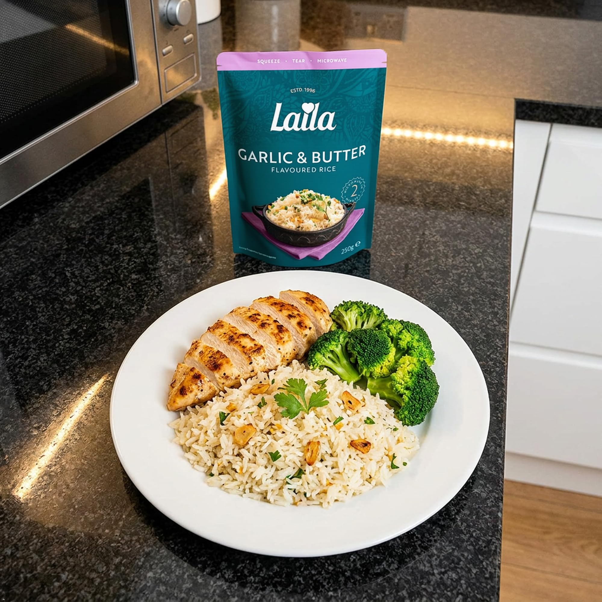 Laila Garlic & Butter Microwave Rice - 6 x 250g Packs | Ready in 2 Minutes 2