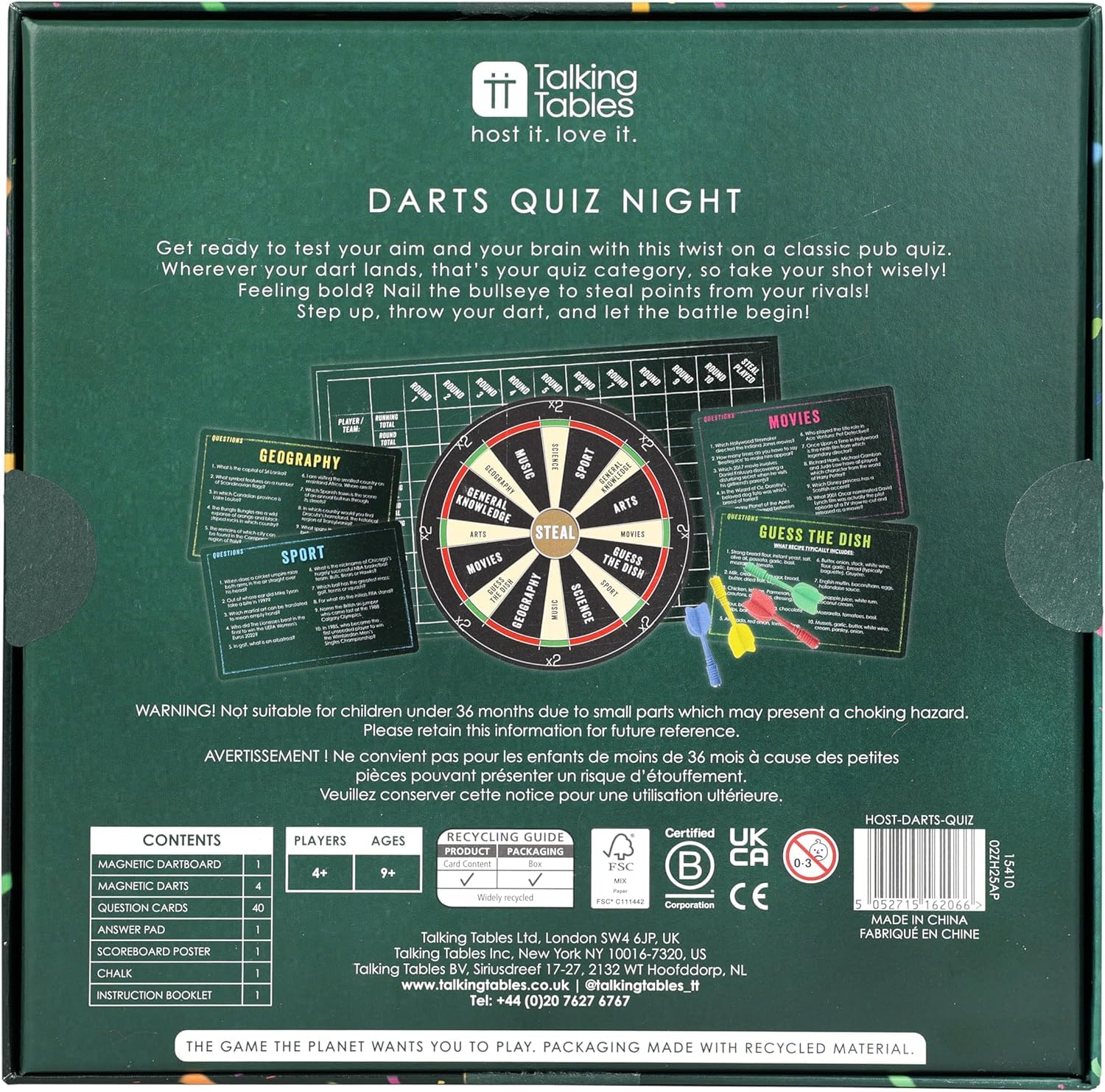 Talking Tables Magnetic Darts Quiz Night Pub Game - Trivia & Dartboard Hybrid 10