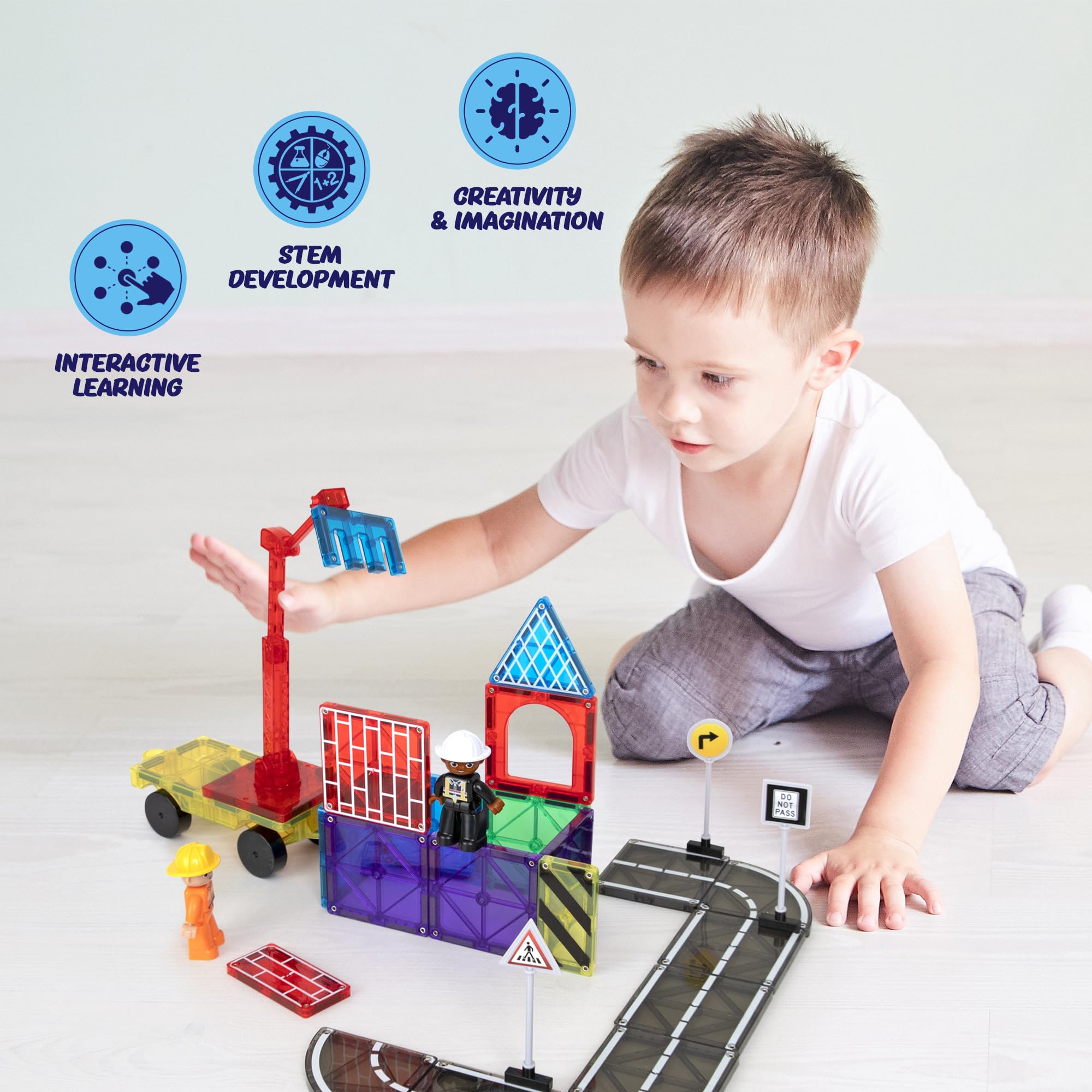 Playmags52-Piece City Construction Magnetic Tiles Set - STEM Building Toy for Kids3+ 14