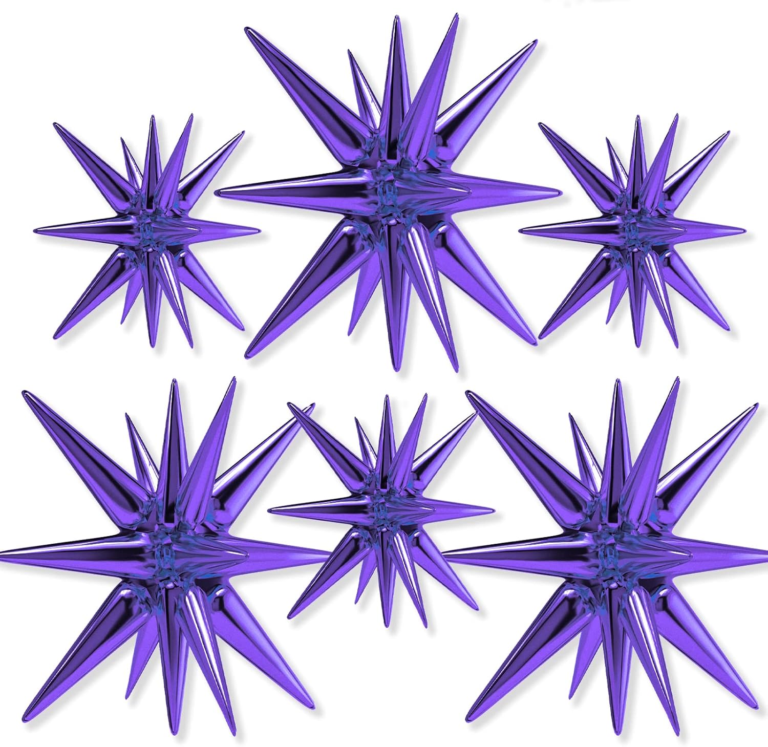 PartyWoo - Purple Star Balloons 6 pcs, One-Piece 14-Pointed Starburst Foil Balloons 27 & 22 inch with Ribbon
