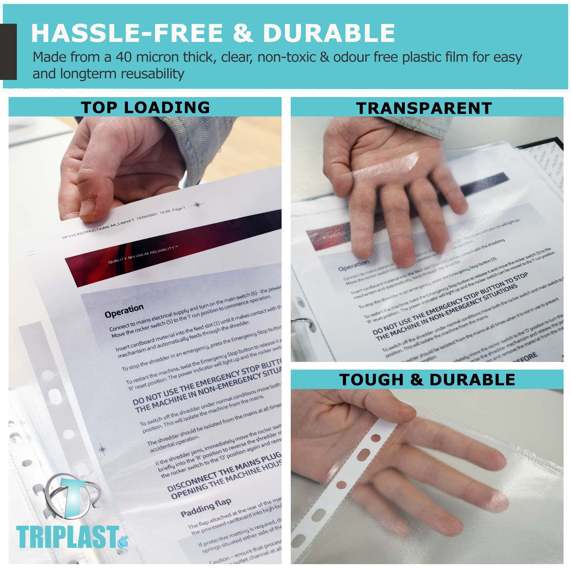 Triplast A4 Punched Pockets - 25 Pack Clear Top Opening Sheet Protectors | 40 Micron 4