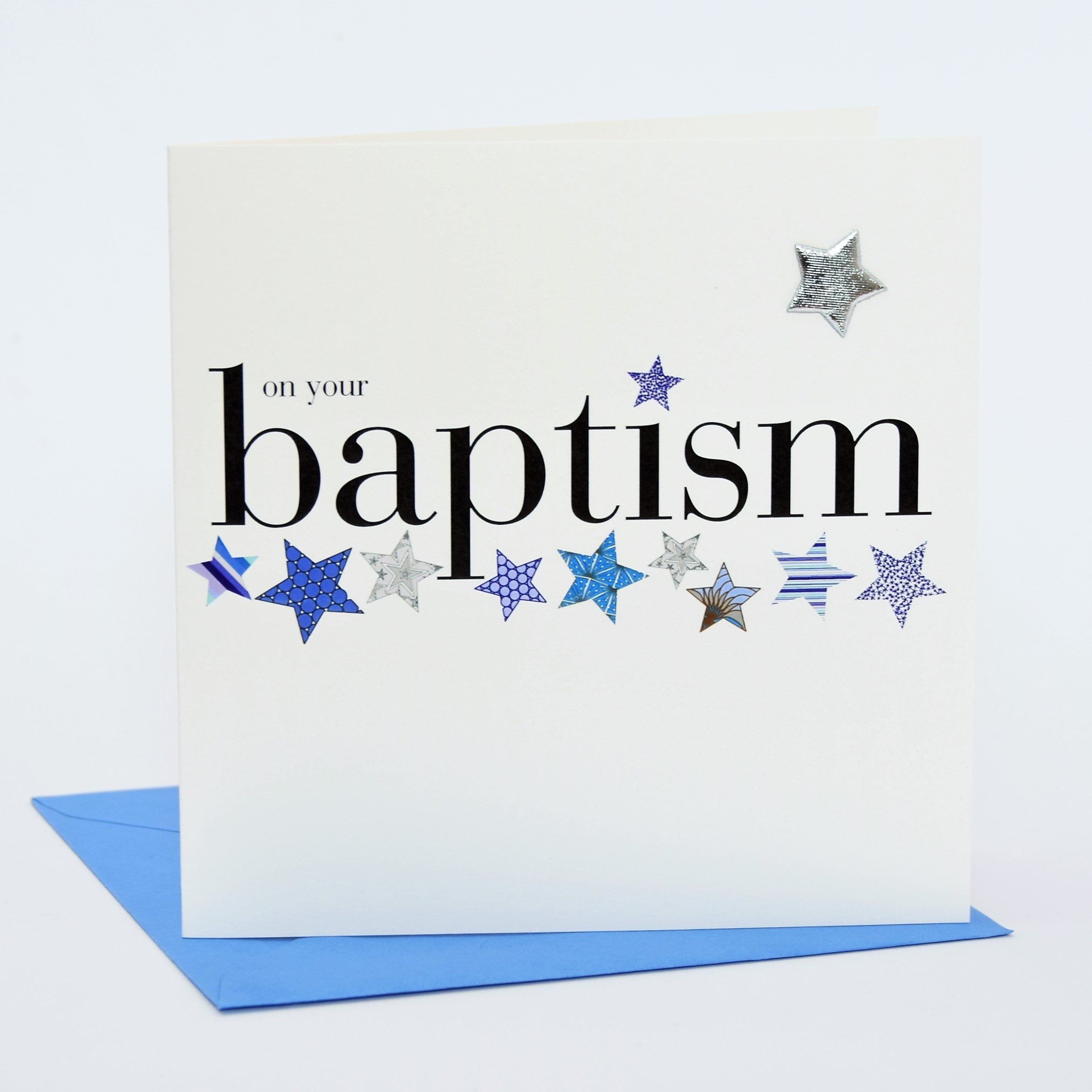 Claire Giles Greeting Cards - On Your Baptism Card | Blue/Grey | 150x150mm | Padded Silver Star 2