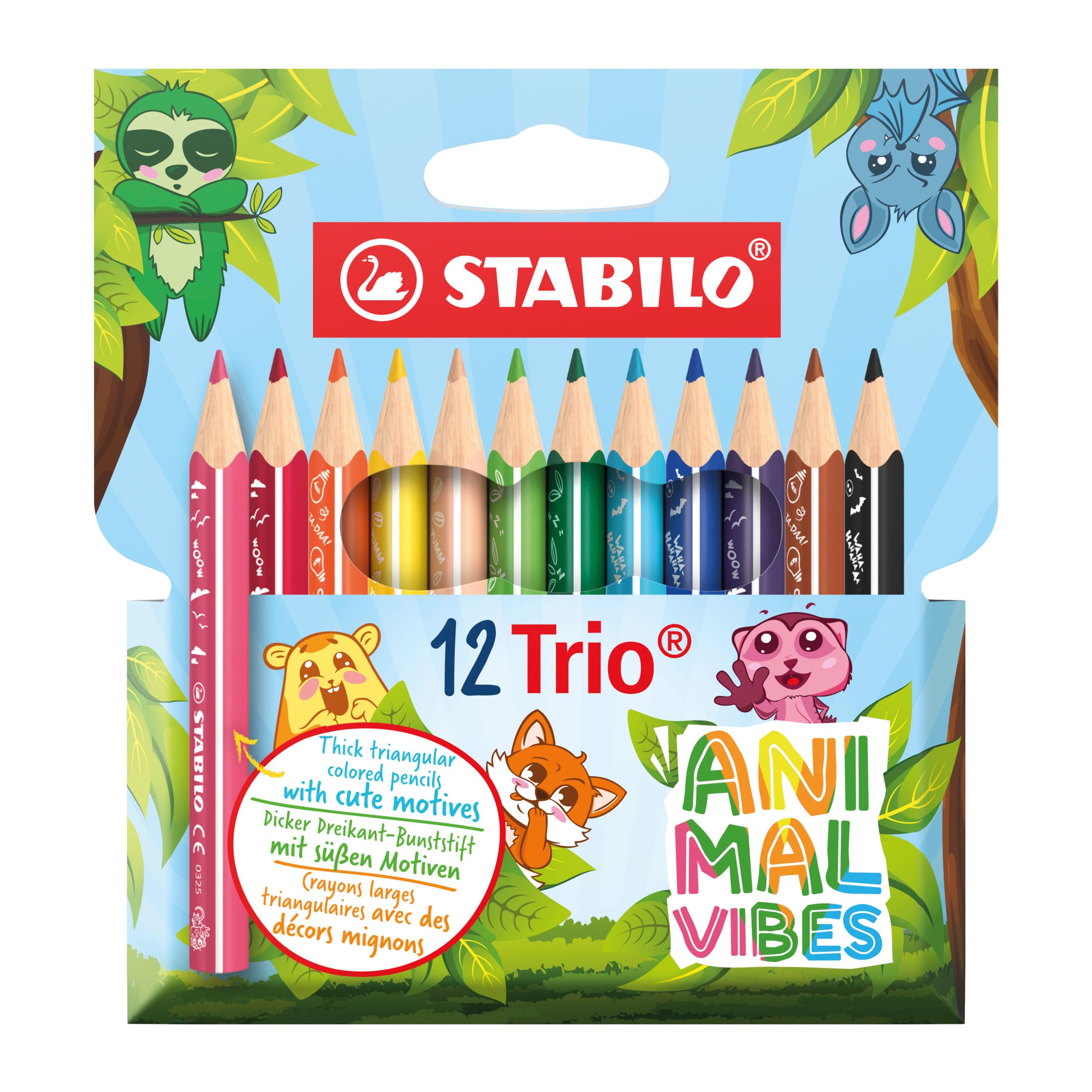 STABILO Trio thick short Animal Vibes Colouring Pencils - Pack of 12 | Ergonomic Triangular Grip | 4.2mm Lead 1