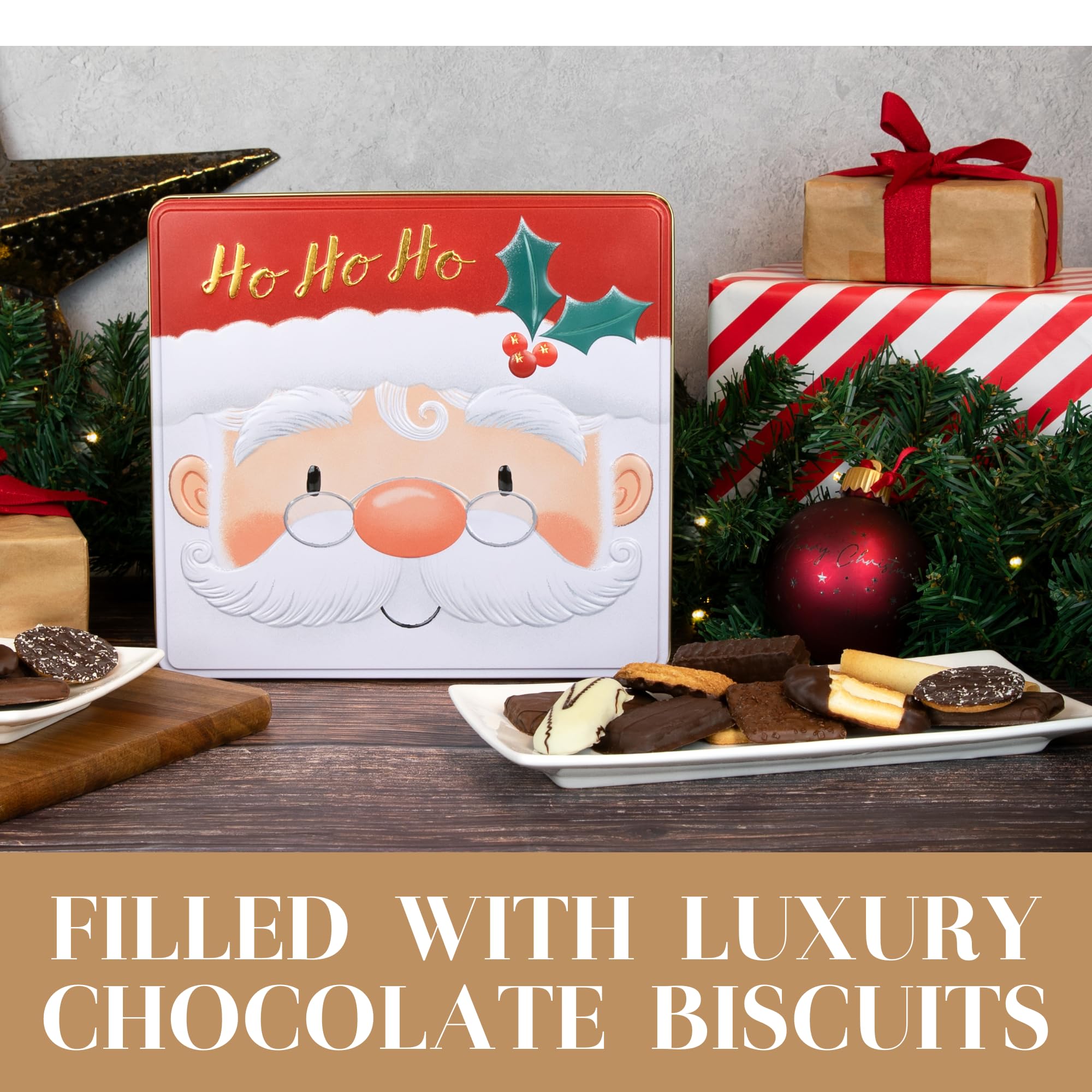 The Silver Crane Co. Santa Belgian Biscuits Square Tin - Christmas Chocolate Biscuit Gift Set 6