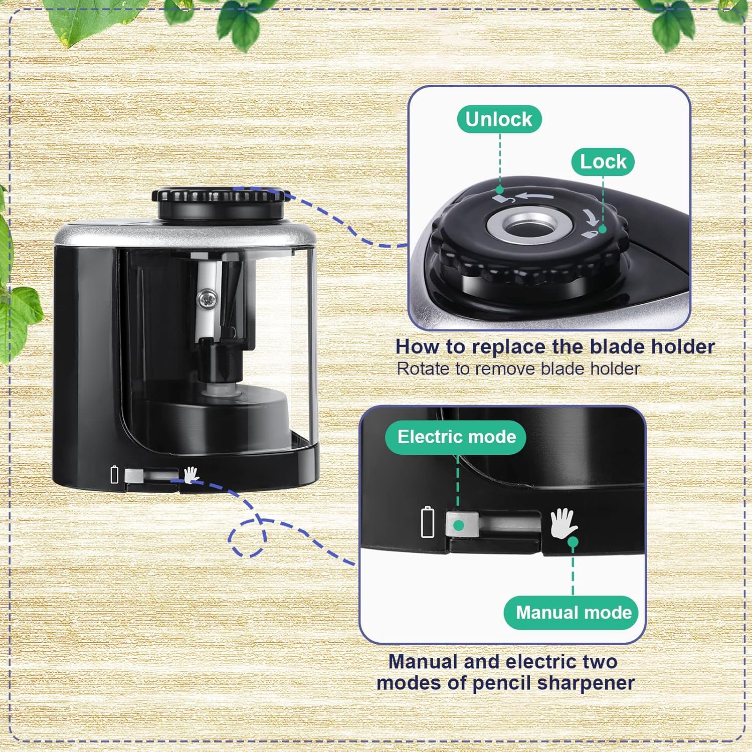 elzle Electric Pencil Sharpener - Dual Mode (Electric/Manual) | Fast 3-5 Sec Sharpening | Black 4